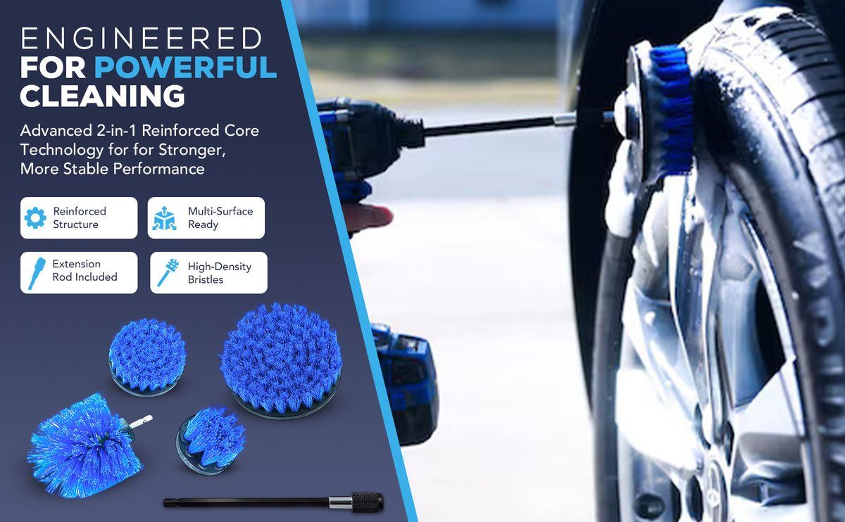 Diamond Shine 5-Piece Medium Bristle Drill Brush Cleaning Set – Power Scrubber Attachments for Tile, Grout, Sinks, Tubs, Carpets, and Outdoor Surfaces – Fits All Drills – Includes 6" Extension Rod