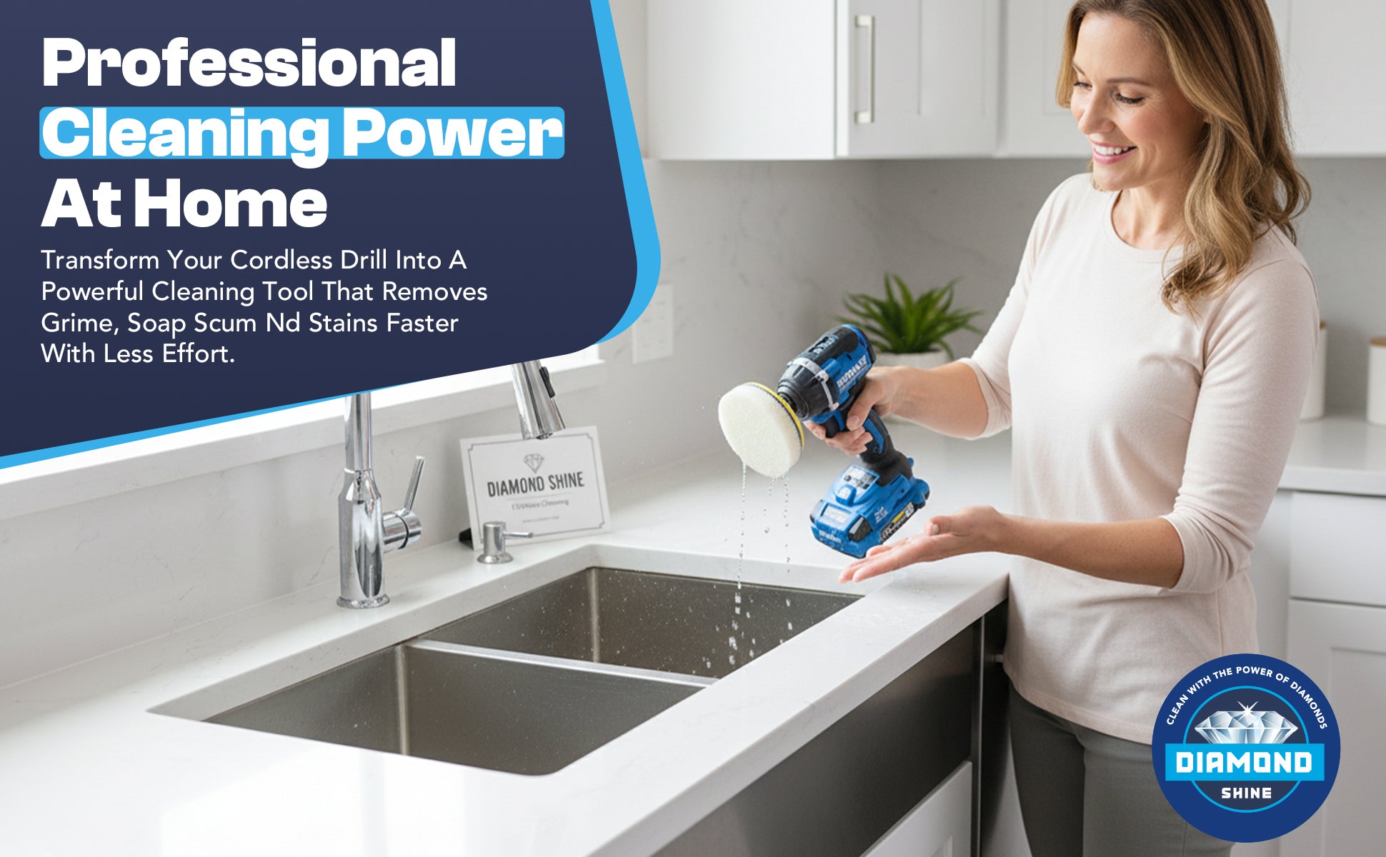 Diamond Shine 4” Cleaning Kit – 5-Piece Power Drill Scouring & Sponge Pad Set with Quick-Change Hex Shank – Heavy-Duty Scrubber Pads for Tile, Sinks, Countertops, Showers & Smooth Surfaces