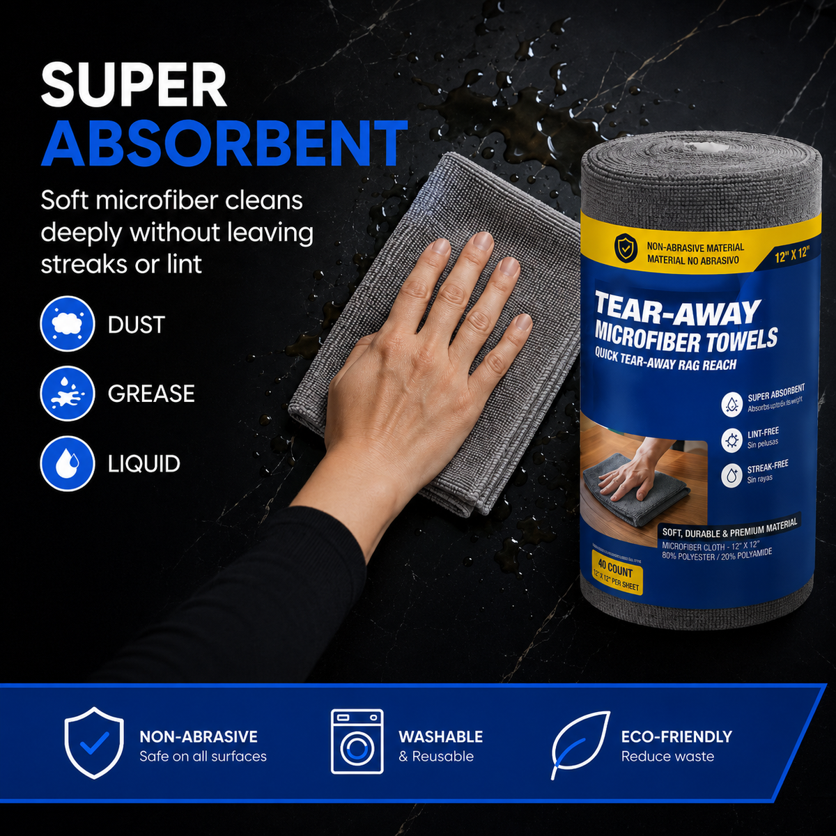 Diamond Shine Tear-Away Microfiber Cleaning Towels – 40 Count, 12" x 12"