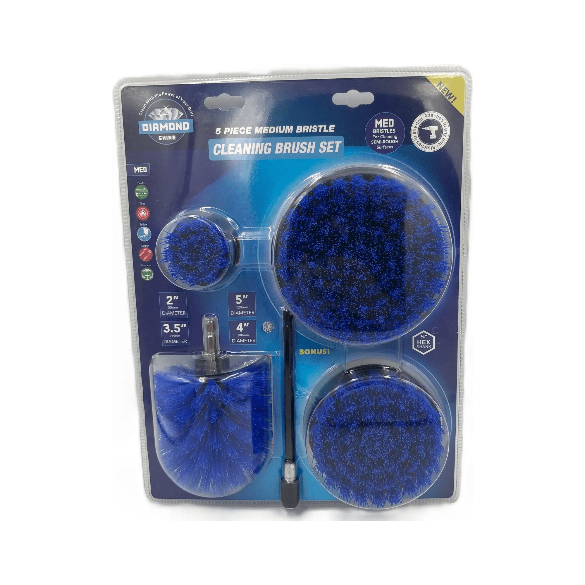 Diamond Shine 5-Piece Medium Bristle Drill Brush Cleaning Set – Power Scrubber Attachments for Tile, Grout, Sinks, Tubs, Carpets, and Outdoor Surfaces – Fits All Drills – Includes 6" Extension Rod