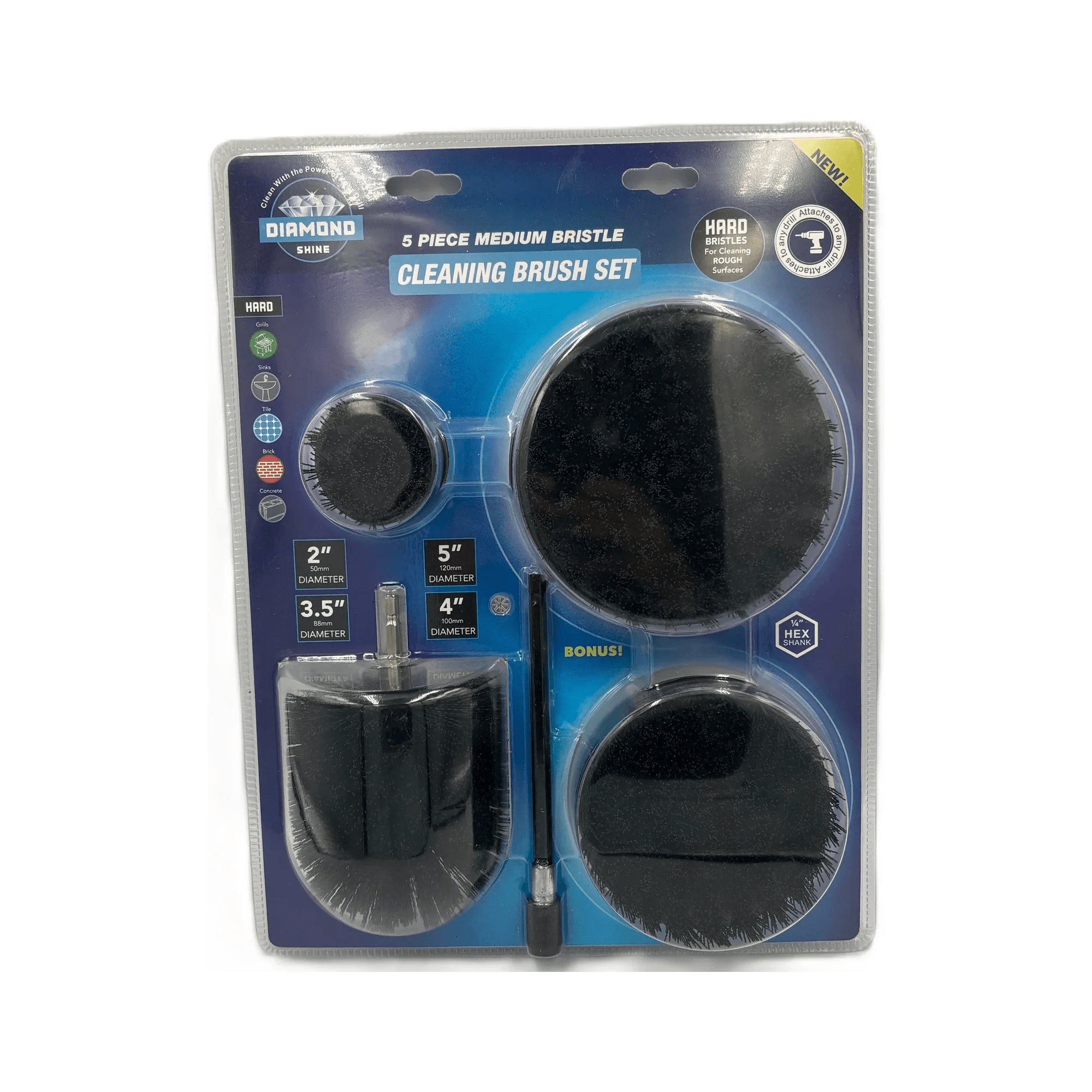 Diamond Shine 5-Piece Drill Brush Cleaning Set β Hard Bristles β Power Scrubber Attachments for Grout, Tile, Brick, Concrete, Sinks & More β Fits All Drills β Includes Extension Rod