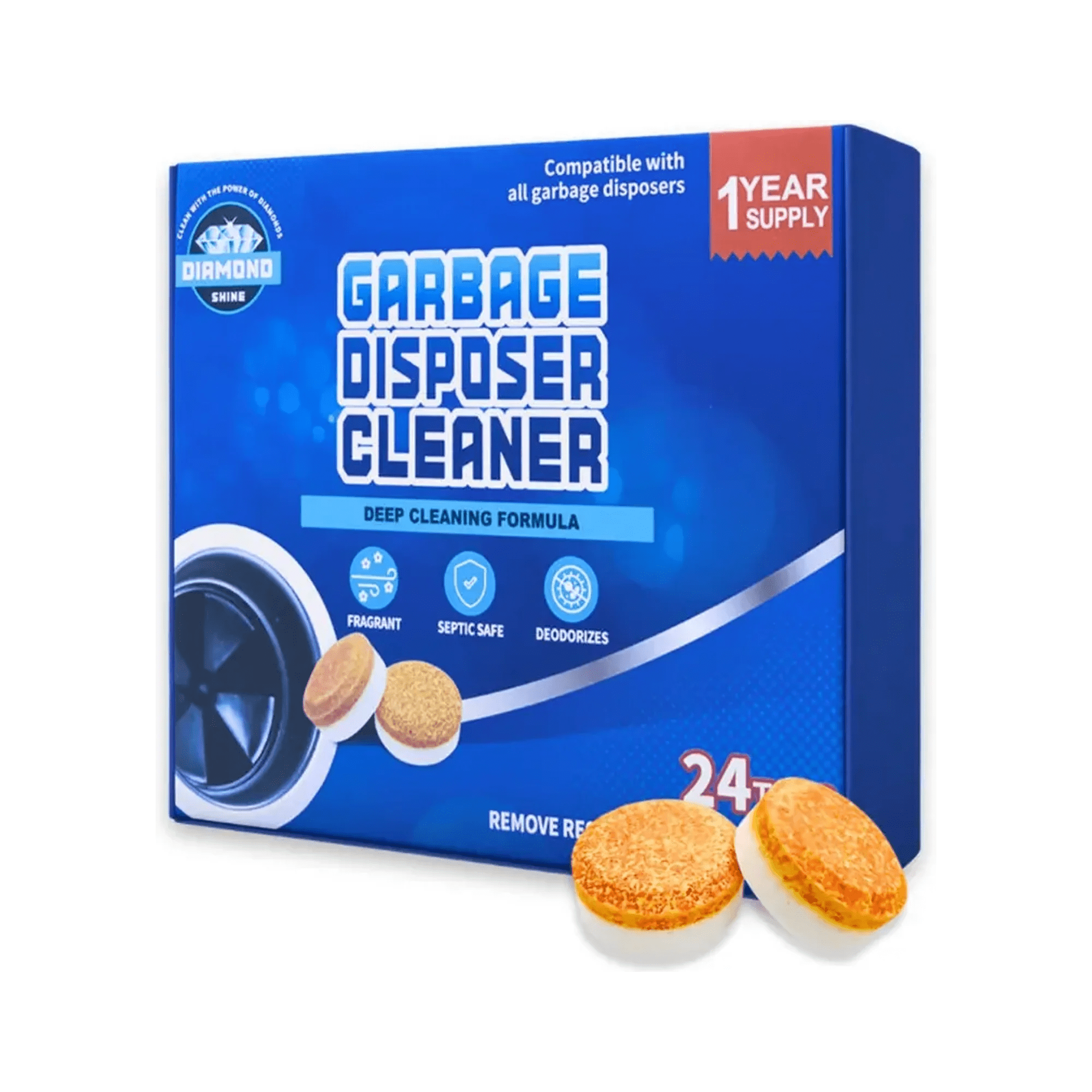 Diamond Shine Garbage Disposer Cleaner Tablets – 24 Count (1 Year Supply) – Deep Cleaning & Deodorizing Formula – Septic Safe, Removes Residue & Odor, Compatible with All Garbage Disposals