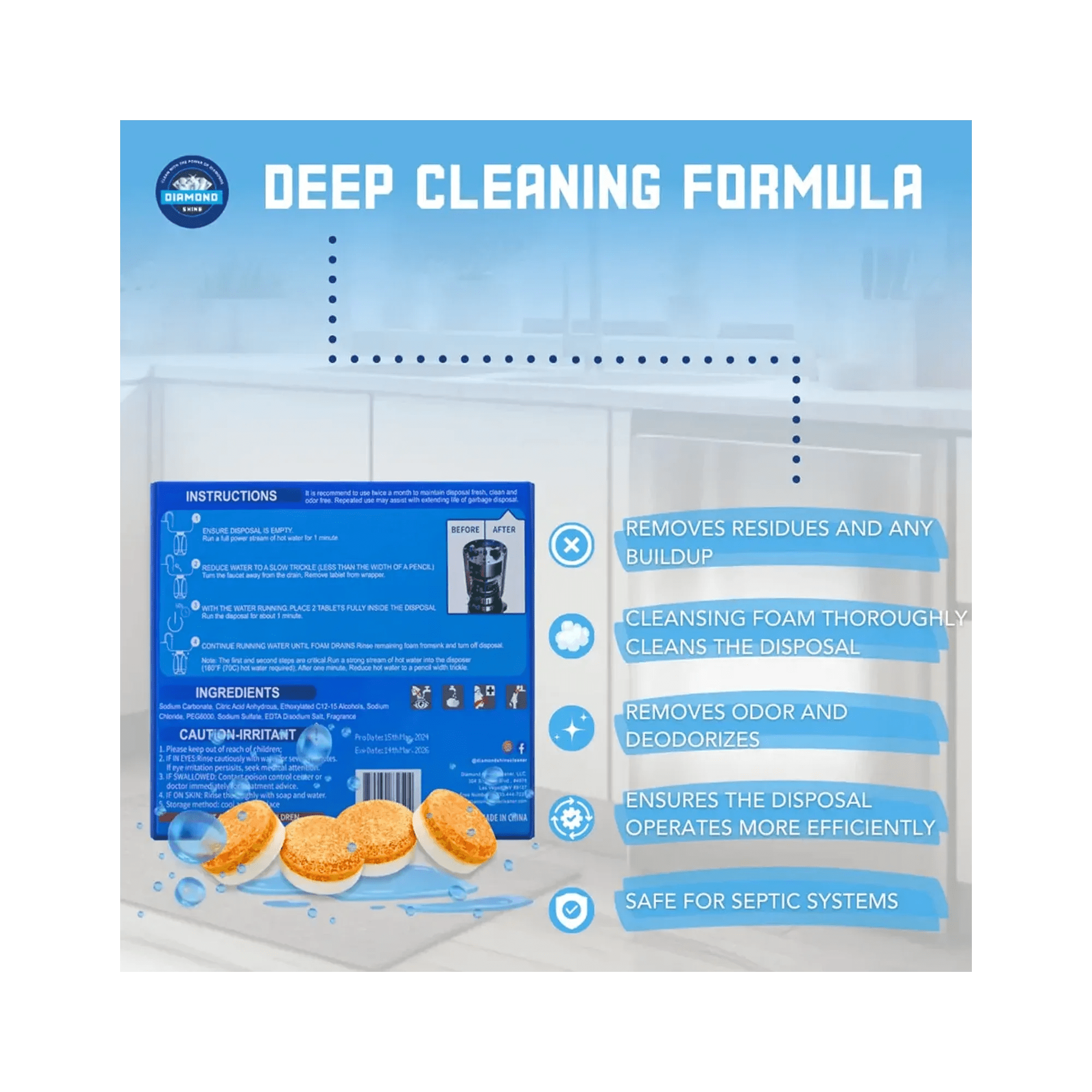 Diamond Shine Garbage Disposer Cleaner Tablets – 24 Count (1 Year Supply) – Deep Cleaning & Deodorizing Formula – Septic Safe, Removes Residue & Odor, Compatible with All Garbage Disposals