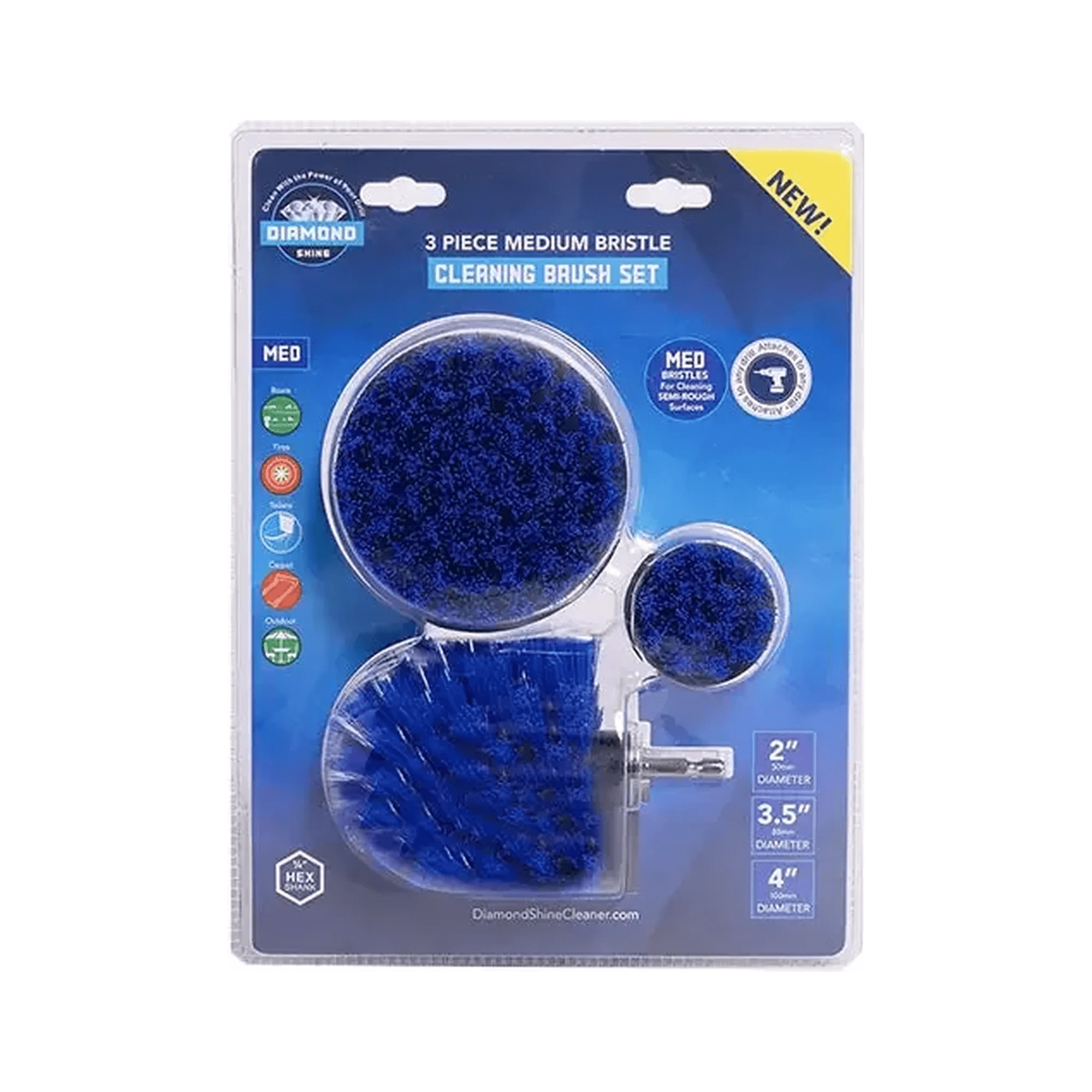 Diamond Shine Drill Brush Set – 3-Pack Medium Bristle Power Scrubber Attachments for All-Purpose Cleaning