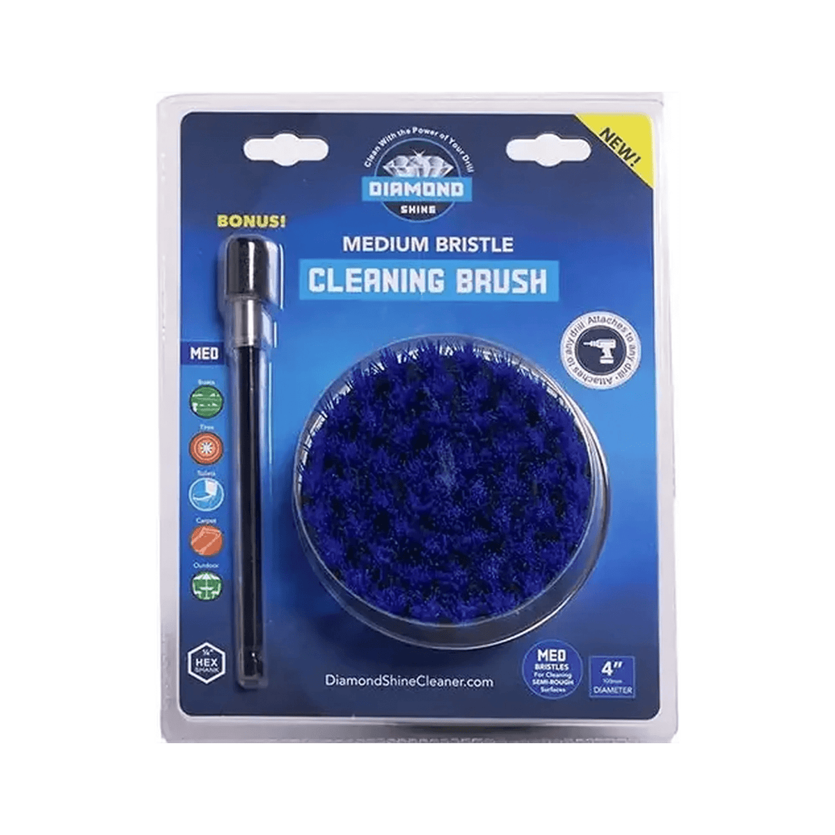 Diamond Shine 4"Drill Brush & 6" Extension - Medium Bristle
