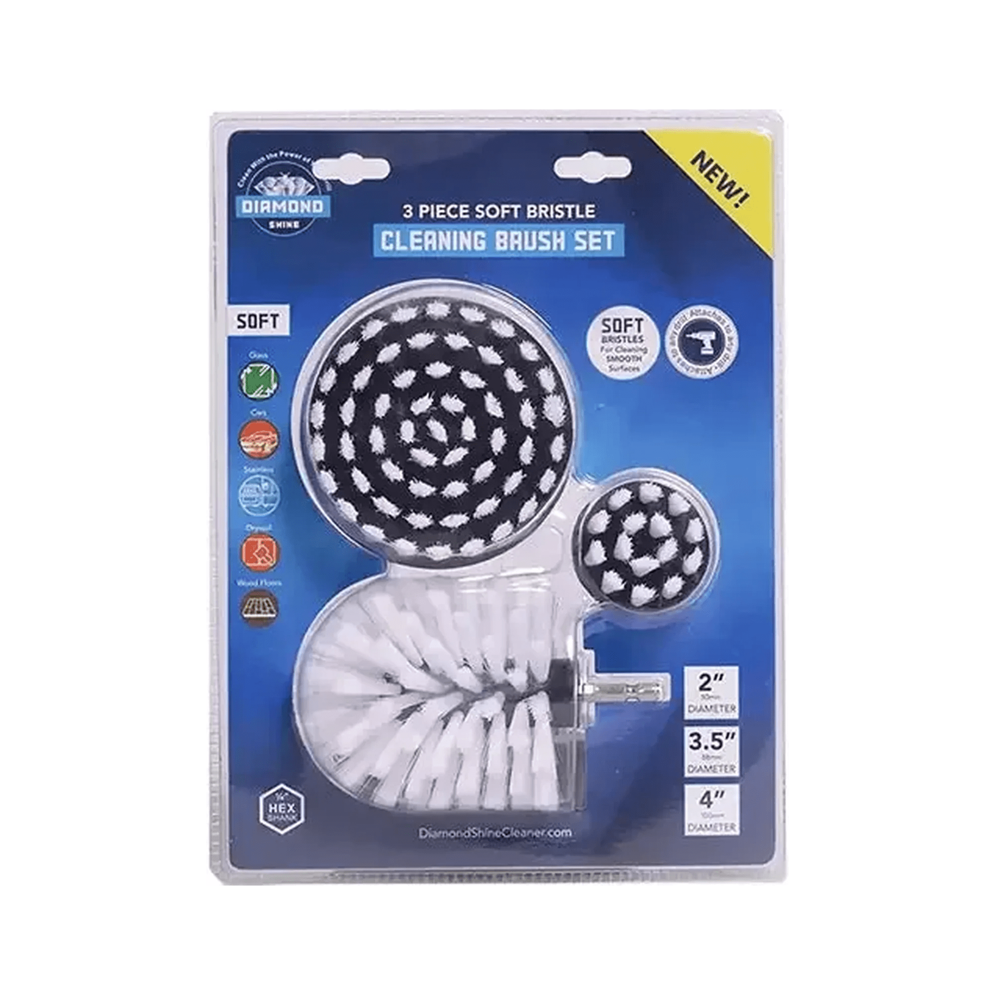 Diamond Shine Drill Brush Set – 3-Pack Soft Bristle Power Scrubber Attachments for Scratch-Free Cleaning