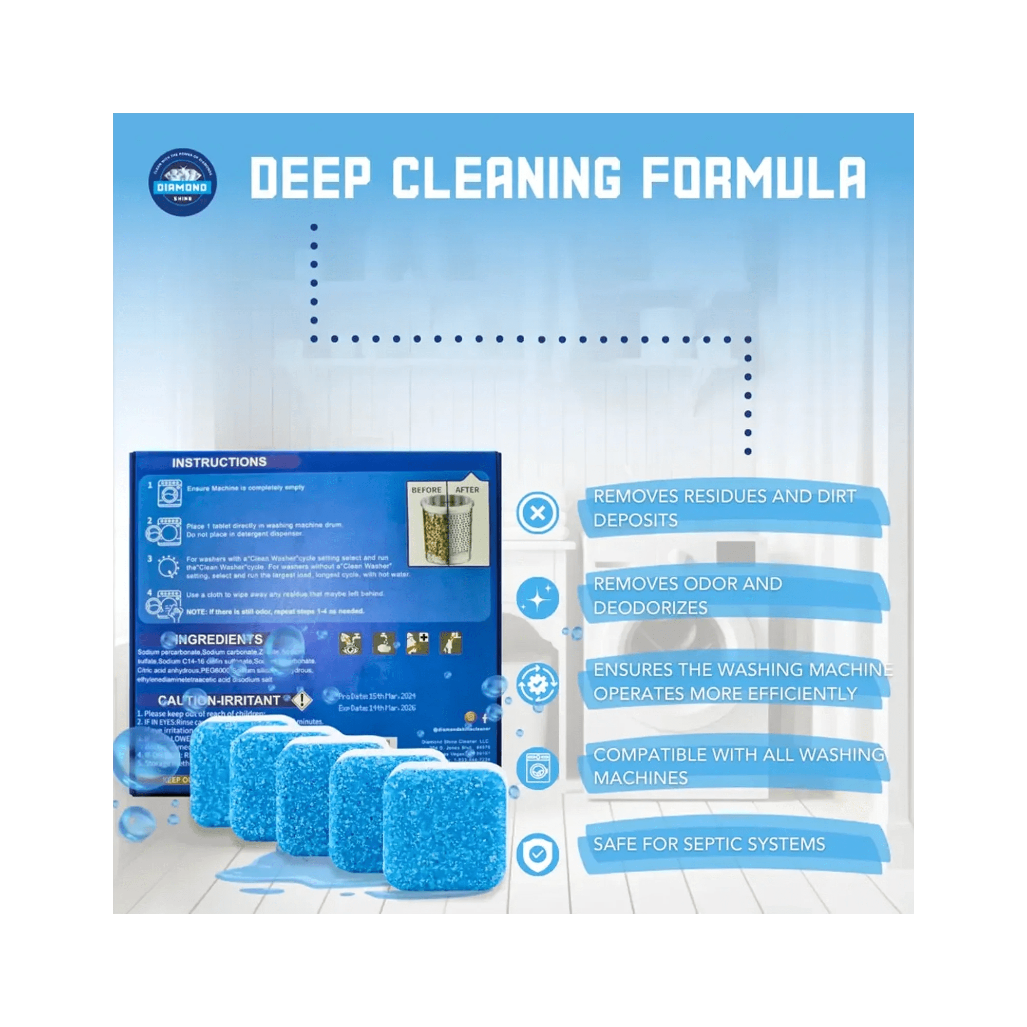 Diamond Shine Washing Machine Cleaner & Descaler Tablets – 24 Count (1 Year Supply) – Deep Cleaning & Deodorizing Formula – Removes Odor, Limescale & Residue – Compatible with All Washing Machines, Septic Safe