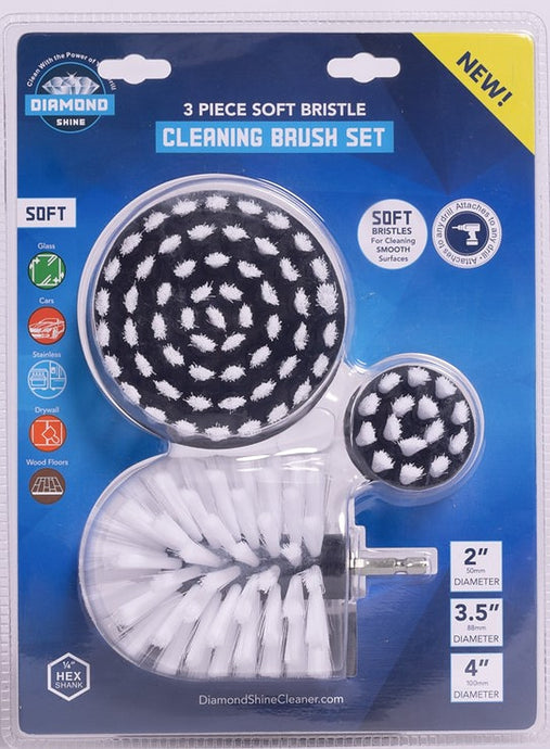 Diamond Shine Drill Brush Set - 3-Pack Soft Bristle for Cleaning - Quality Polypropylene and Nylon Brushes - Fits Corded/Cordless Drills