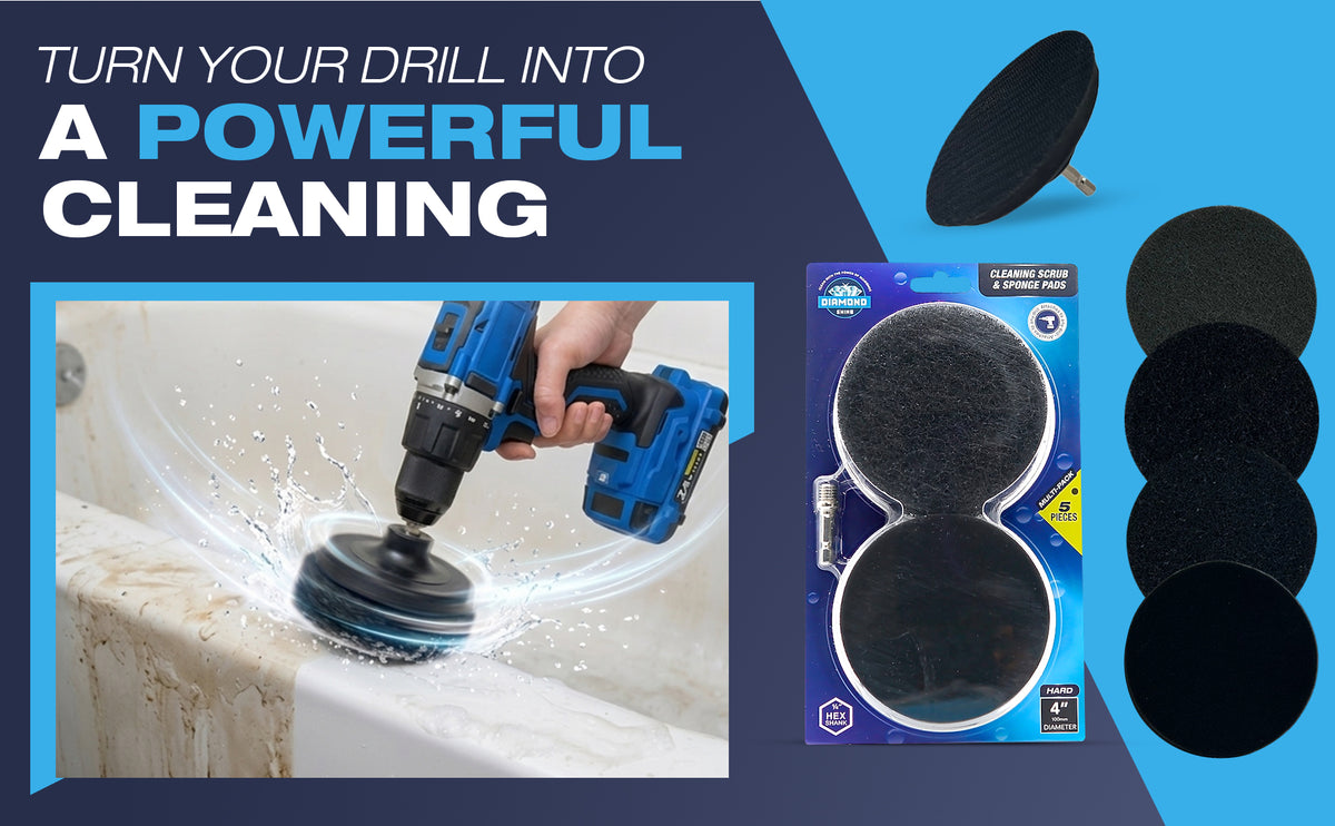 Diamond Shine 5-Piece Cleaning Scrub & Sponge Pad Set – 4” Drill Attachment Kit with Quick-Change Hex Shank – Power Scrubber Pads for Tile, Sinks, Floors, Bathrooms & Kitchen Surfaces – Hard Duty Cleaning Pads