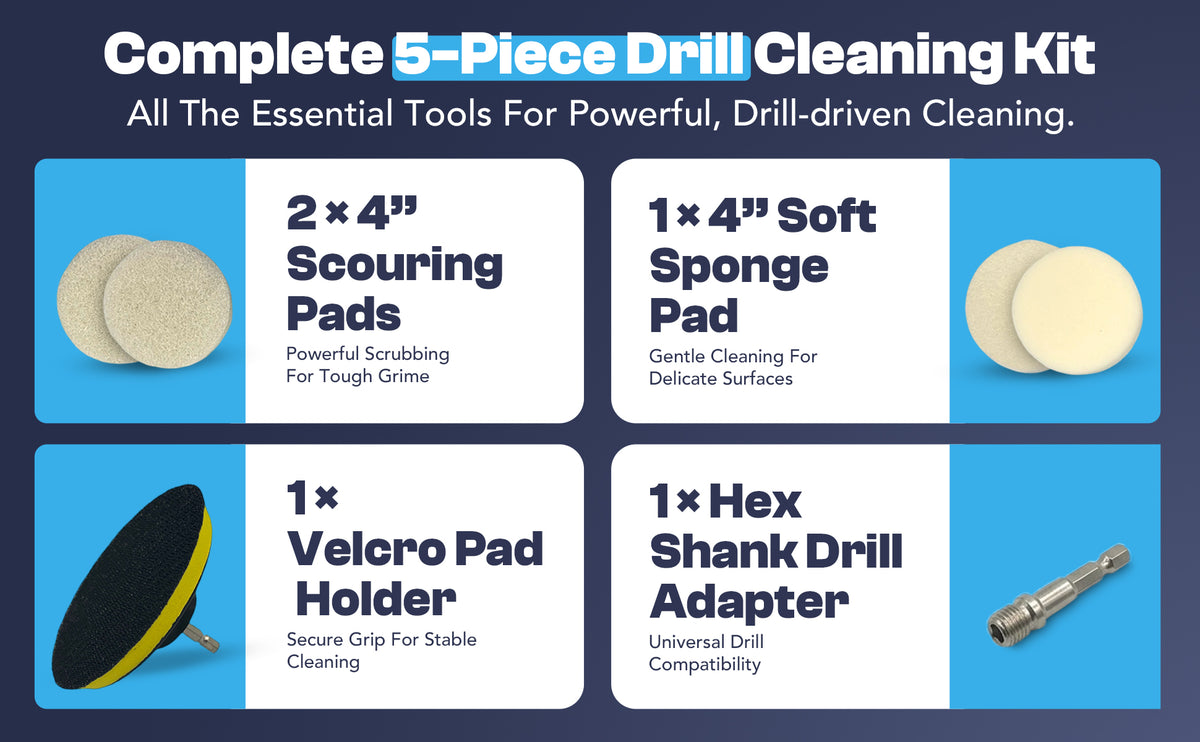 Diamond Shine 4” Cleaning Kit – 5-Piece Power Drill Scouring & Sponge Pad Set with Quick-Change Hex Shank – Heavy-Duty Scrubber Pads for Tile, Sinks, Countertops, Showers & Smooth Surfaces