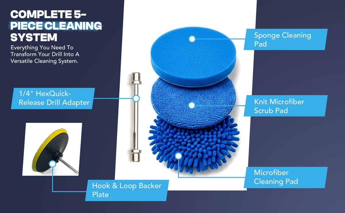 Diamond Shine 5-Piece Microfiber Drill Cleaning & Polishing Set – Drill-Powered Pads for Glass, Tile, Countertops & More