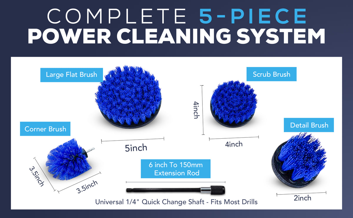 Diamond Shine 5-Piece Medium Bristle Drill Brush Cleaning Set – Power Scrubber Attachments for Tile, Grout, Sinks, Tubs, Carpets, and Outdoor Surfaces – Fits All Drills – Includes 6" Extension Rod