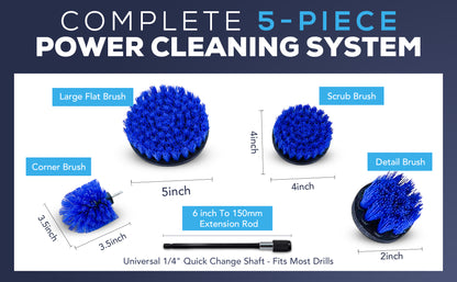 Diamond Shine 5-Piece Medium Bristle Drill Brush Cleaning Set – Power Scrubber Attachments for Tile, Grout, Sinks, Tubs, Carpets, and Outdoor Surfaces – Fits All Drills – Includes 6" Extension Rod