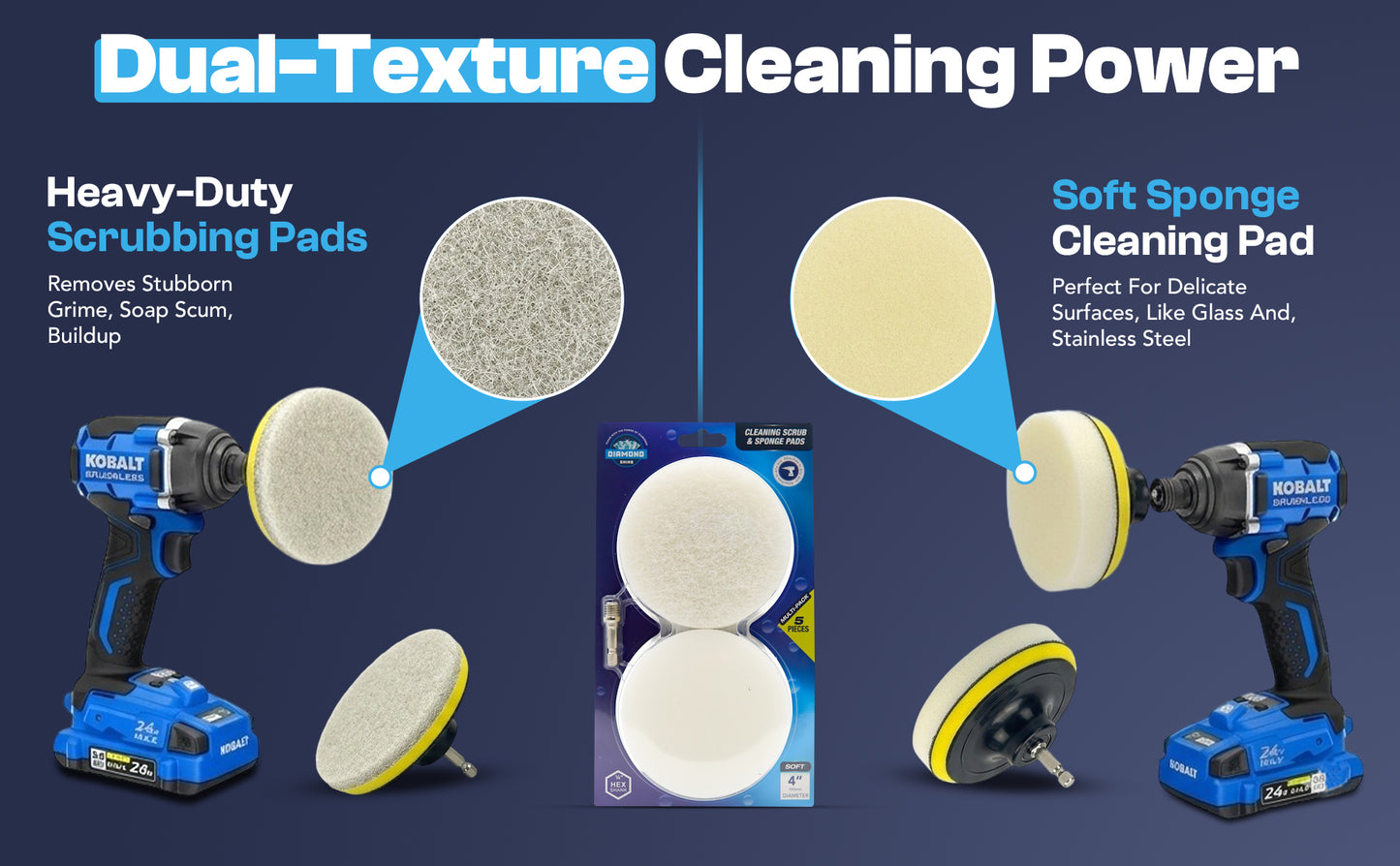 Diamond Shine 4” Cleaning Kit – 5-Piece Power Drill Scouring & Sponge Pad Set with Quick-Change Hex Shank – Heavy-Duty Scrubber Pads for Tile, Sinks, Countertops, Showers & Smooth Surfaces