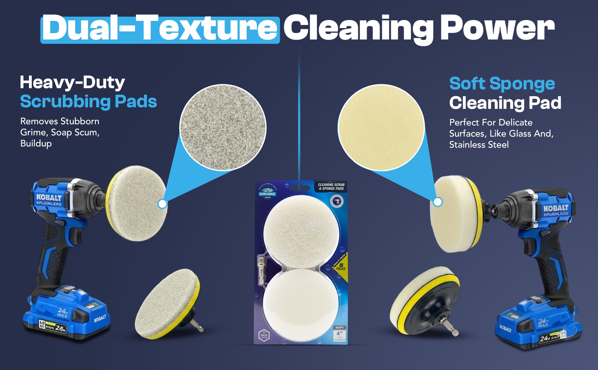 Diamond Shine 4” Cleaning Kit – 5-Piece Power Drill Scouring & Sponge Pad Set with Quick-Change Hex Shank – Heavy-Duty Scrubber Pads for Tile, Sinks, Countertops, Showers & Smooth Surfaces