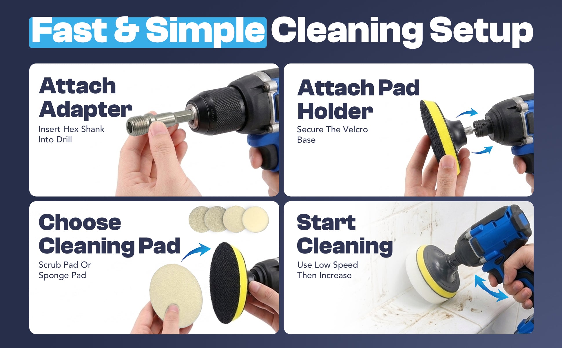 Diamond Shine 4” Cleaning Kit – 5-Piece Power Drill Scouring & Sponge Pad Set with Quick-Change Hex Shank – Heavy-Duty Scrubber Pads for Tile, Sinks, Countertops, Showers & Smooth Surfaces