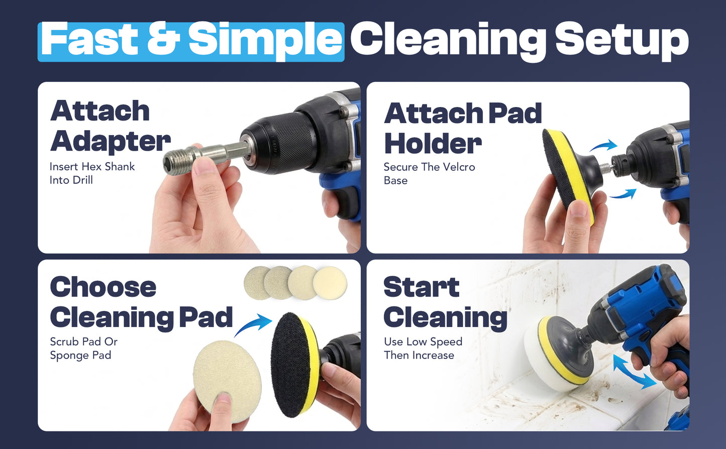 Diamond Shine 4” Cleaning Kit – 5-Piece Power Drill Scouring & Sponge Pad Set with Quick-Change Hex Shank – Heavy-Duty Scrubber Pads for Tile, Sinks, Countertops, Showers & Smooth Surfaces