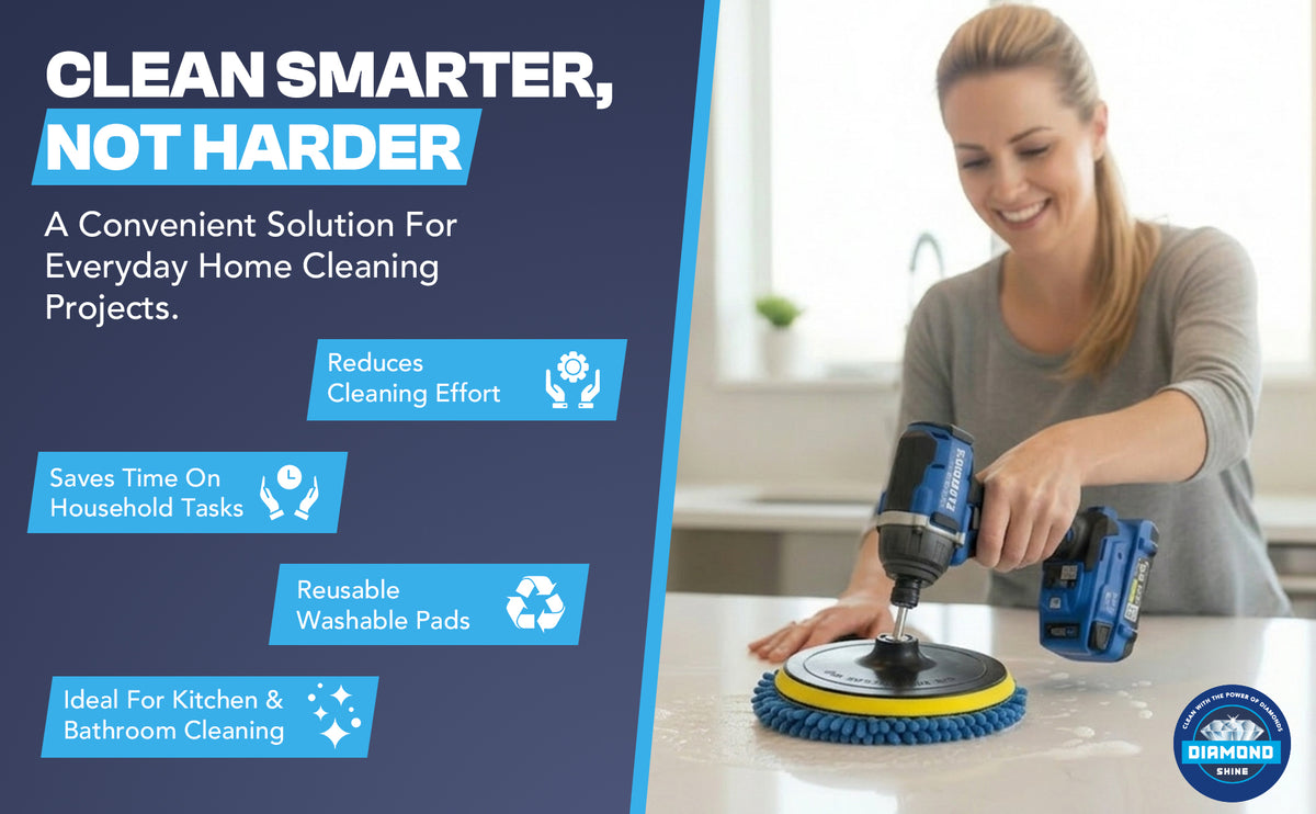 Diamond Shine 5-Piece Microfiber Drill Cleaning & Polishing Set – Drill-Powered Pads for Glass, Tile, Countertops & More
