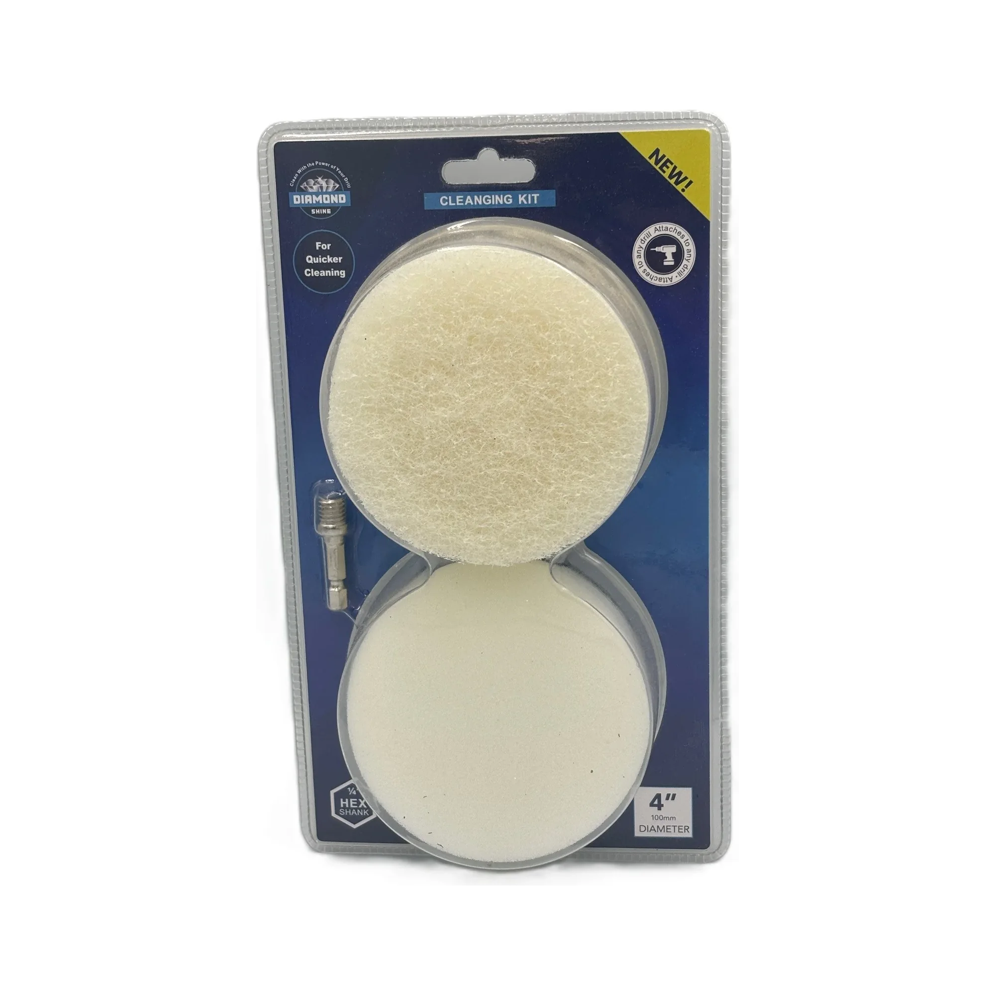 Diamond Shine 4” Cleaning Kit – 5-Piece Power Drill Scouring & Sponge Pad Set with Quick-Change Hex Shank – Heavy-Duty Scrubber Pads for Tile, Sinks, Countertops, Showers & Smooth Surfaces
