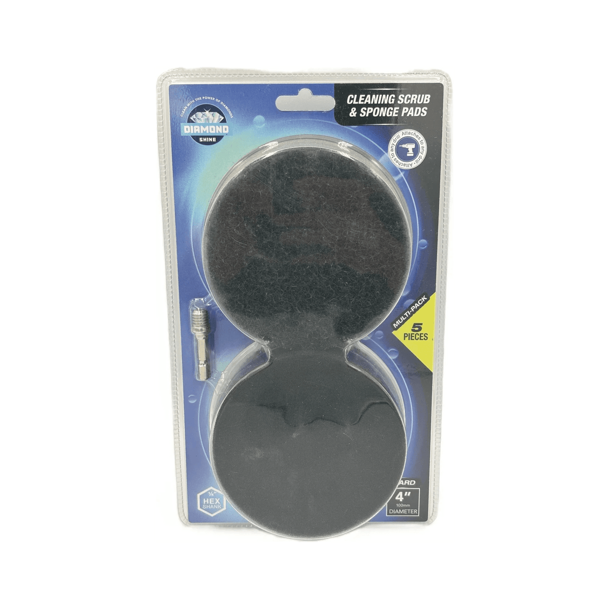 Diamond Shine 5-Piece Cleaning Scrub & Sponge Pad Set – 4” Drill Attachment Kit with Quick-Change Hex Shank – Power Scrubber Pads for Tile, Sinks, Floors, Bathrooms & Kitchen Surfaces – Hard Duty Cleaning Pads