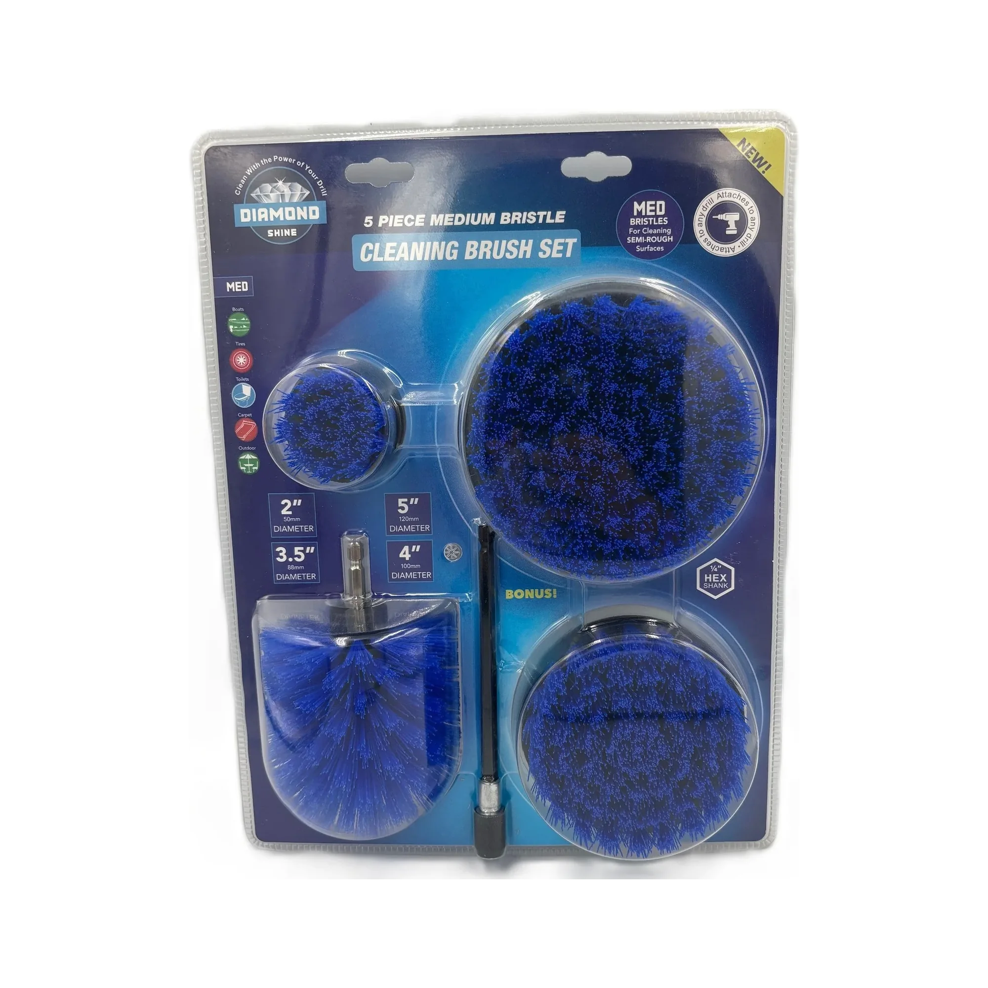 Diamond Shine 5-Piece Medium Bristle Drill Brush Cleaning Set – Power Scrubber Attachments for Tile, Grout, Sinks, Tubs, Carpets, and Outdoor Surfaces – Fits All Drills – Includes 6