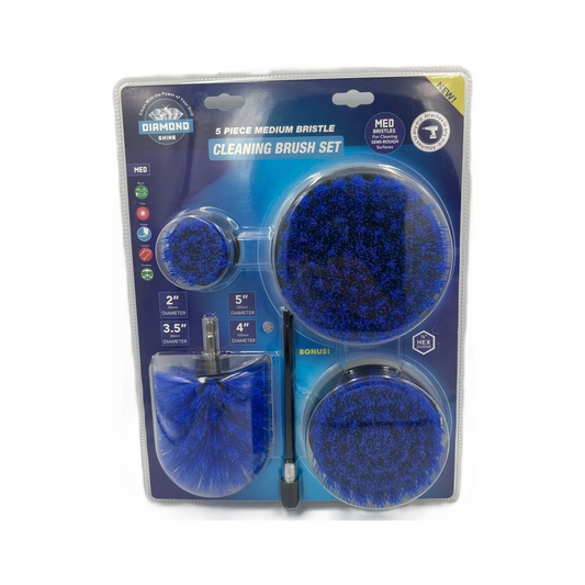 Diamond Shine 5-Piece Medium Bristle Drill Brush Cleaning Set – Power Scrubber Attachments for Tile, Grout, Sinks, Tubs, Carpets, and Outdoor Surfaces – Fits All Drills – Includes 6" Extension Rod