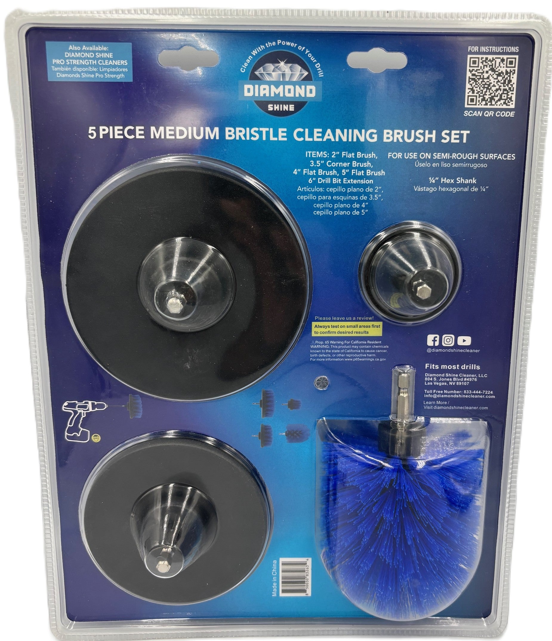 Diamond Shine 5-Piece Medium Bristle Drill Brush Cleaning Set – Power Scrubber Attachments for Tile, Grout, Sinks, Tubs, Carpets, and Outdoor Surfaces – Fits All Drills – Includes 6