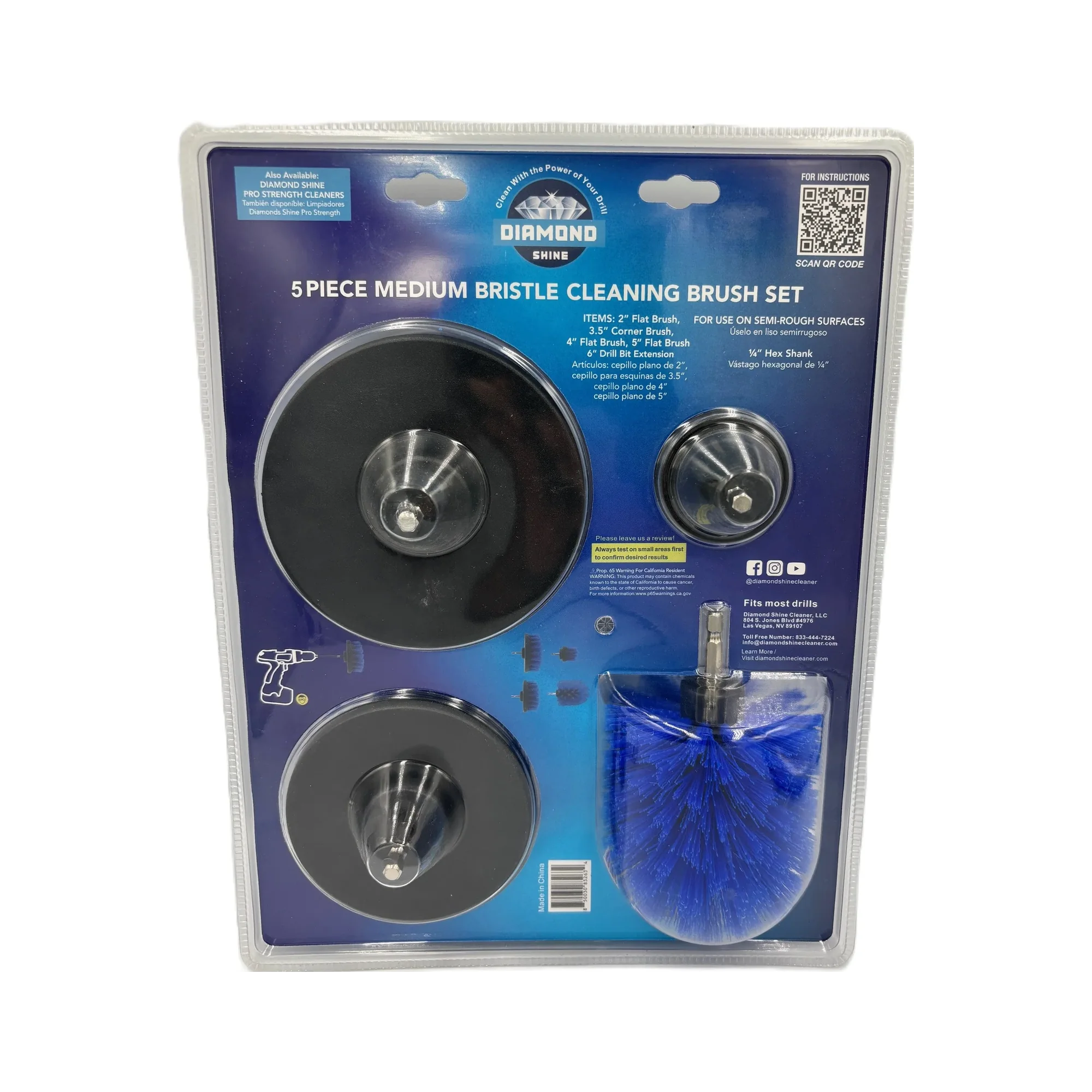 Diamond Shine 5-Piece Medium Bristle Drill Brush Cleaning Set – Power Scrubber Attachments for Tile, Grout, Sinks, Tubs, Carpets, and Outdoor Surfaces – Fits All Drills – Includes 6