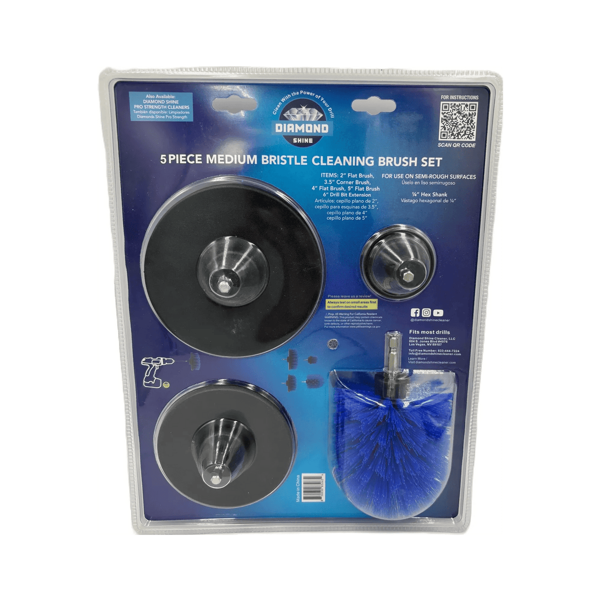 Diamond Shine 5-Piece Medium Bristle Drill Brush Cleaning Set – Power Scrubber Attachments for Tile, Grout, Sinks, Tubs, Carpets, and Outdoor Surfaces – Fits All Drills – Includes 6" Extension Rod