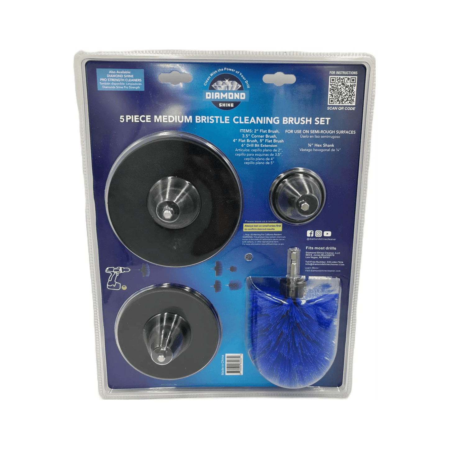 Diamond Shine 5-Piece Medium Bristle Drill Brush Cleaning Set – Power Scrubber Attachments for Tile, Grout, Sinks, Tubs, Carpets, and Outdoor Surfaces – Fits All Drills – Includes 6" Extension Rod