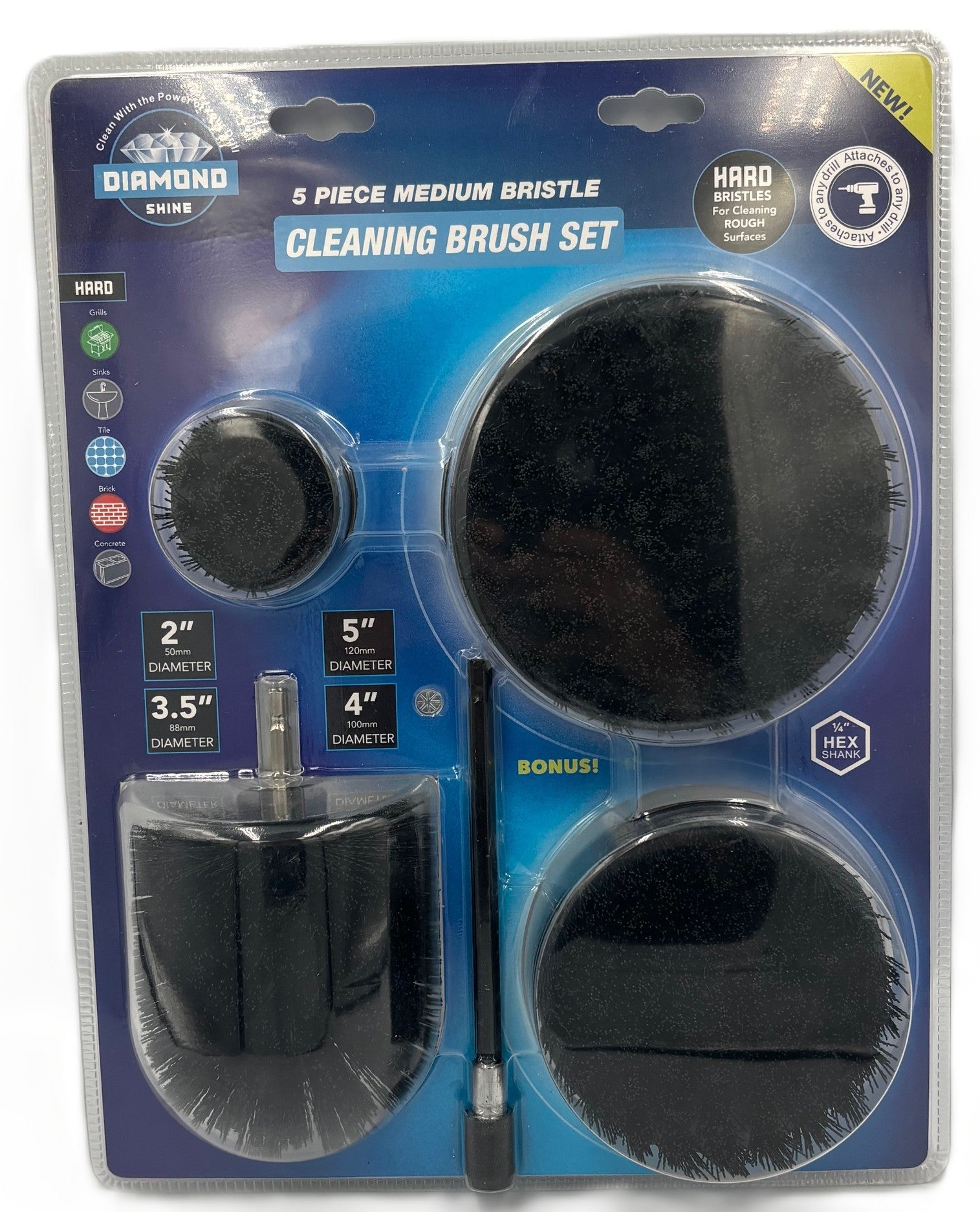 Diamond Shine 5-Piece Drill Brush Cleaning Set – Hard Bristles – Power Scrubber Attachments for Grout, Tile, Brick, Concrete, Sinks & More – Fits All Drills – Includes Extension Rod