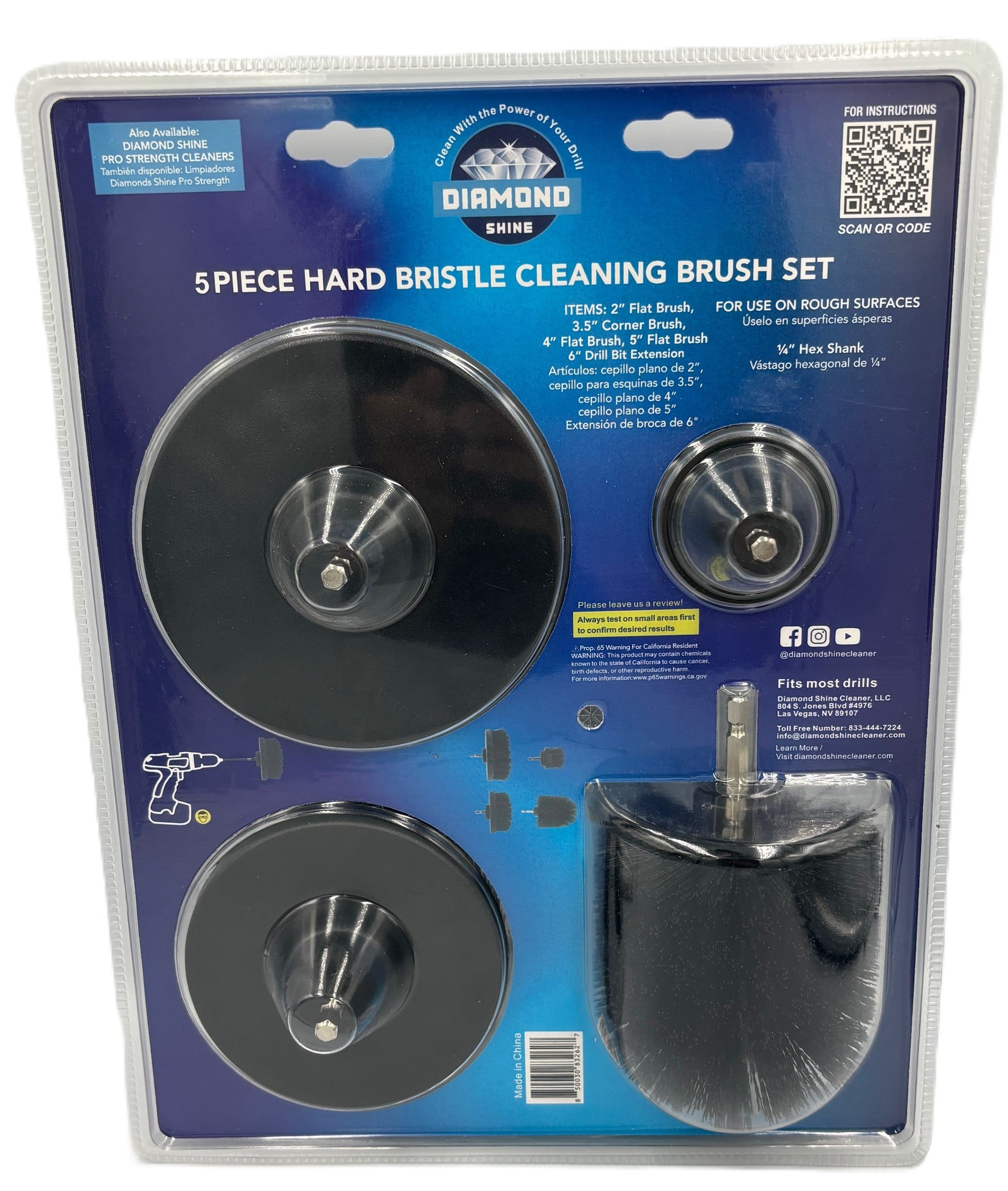 Diamond Shine 5-Piece Drill Brush Cleaning Set – Hard Bristles – Power Scrubber Attachments for Grout, Tile, Brick, Concrete, Sinks & More – Fits All Drills – Includes Extension Rod