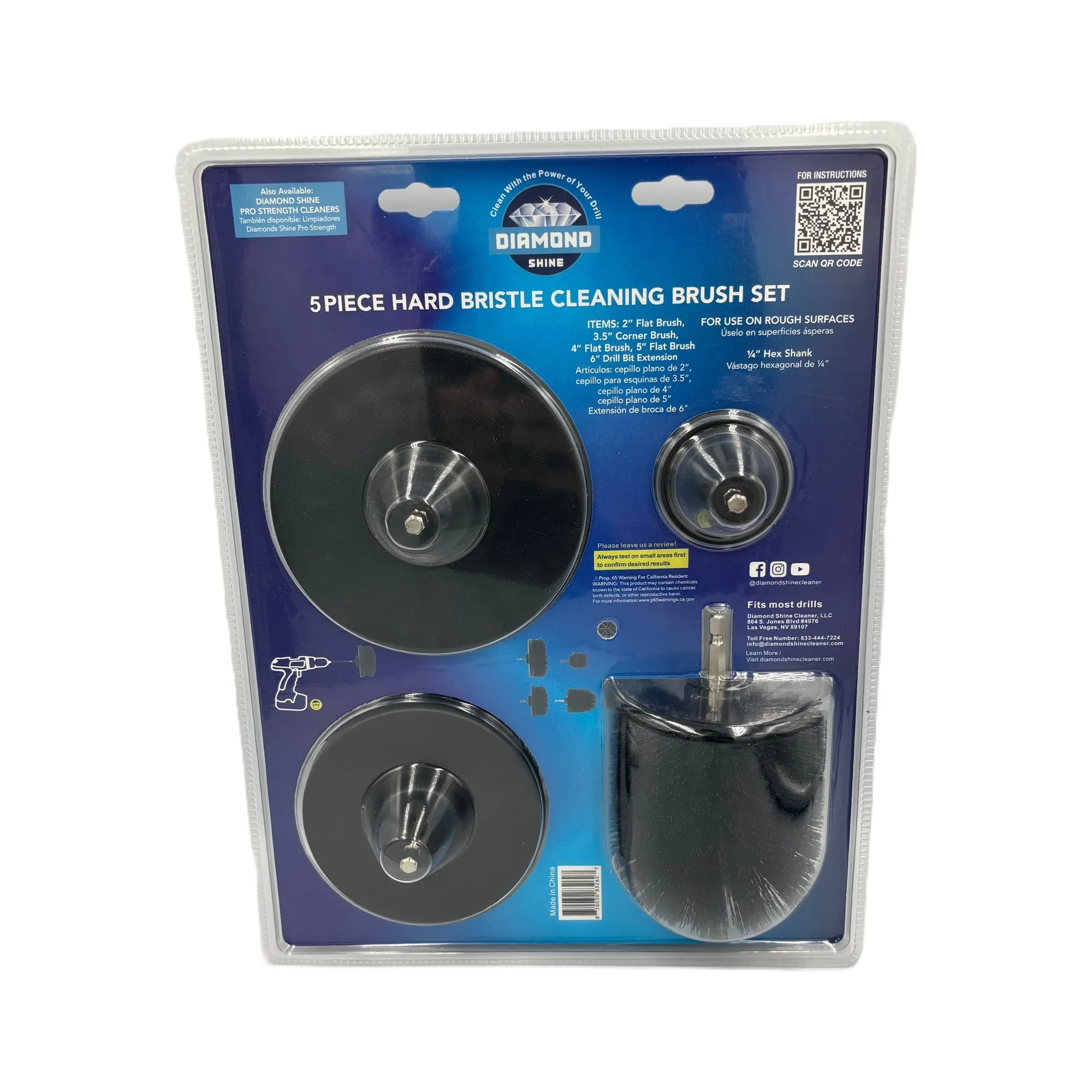 Diamond Shine 5-Piece Drill Brush Cleaning Set – Hard Bristles – Power Scrubber Attachments for Grout, Tile, Brick, Concrete, Sinks & More – Fits All Drills – Includes Extension Rod