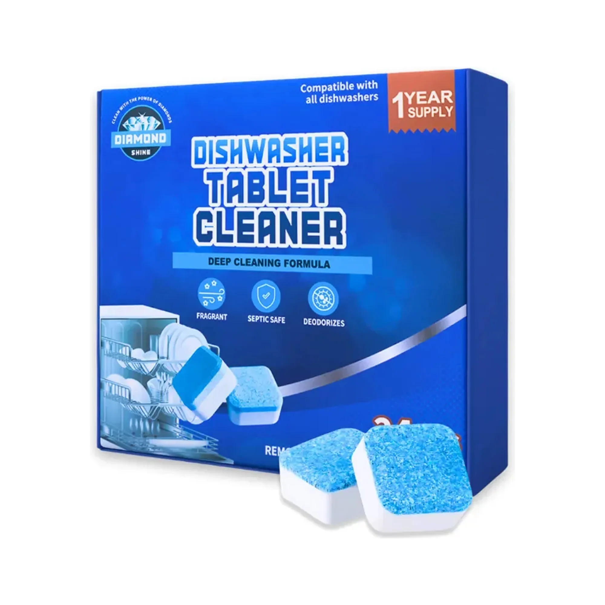 Diamond Shine Dishwasher Cleaner Tablets – 24 Count (1 Year Supply) – Deep Cleaning & Deodorizing Formula – Removes Limescale, Grease & Odors – Septic Safe & Compatible with All Dishwashers