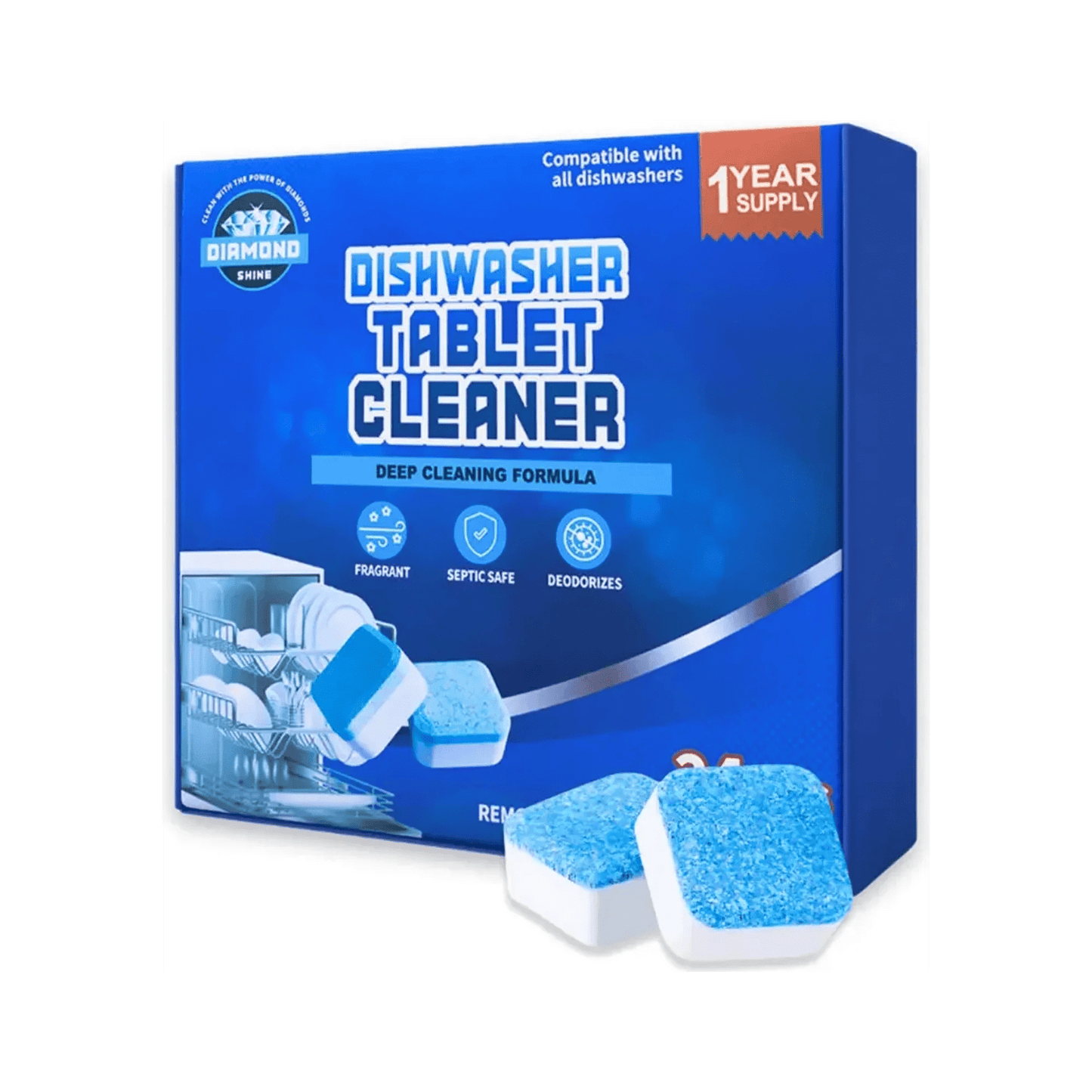 Diamond Shine Dishwasher Cleaner Tablets – 24 Count (1 Year Supply) – Deep Cleaning & Deodorizing Formula – Removes Limescale, Grease & Odors – Septic Safe & Compatible with All Dishwashers