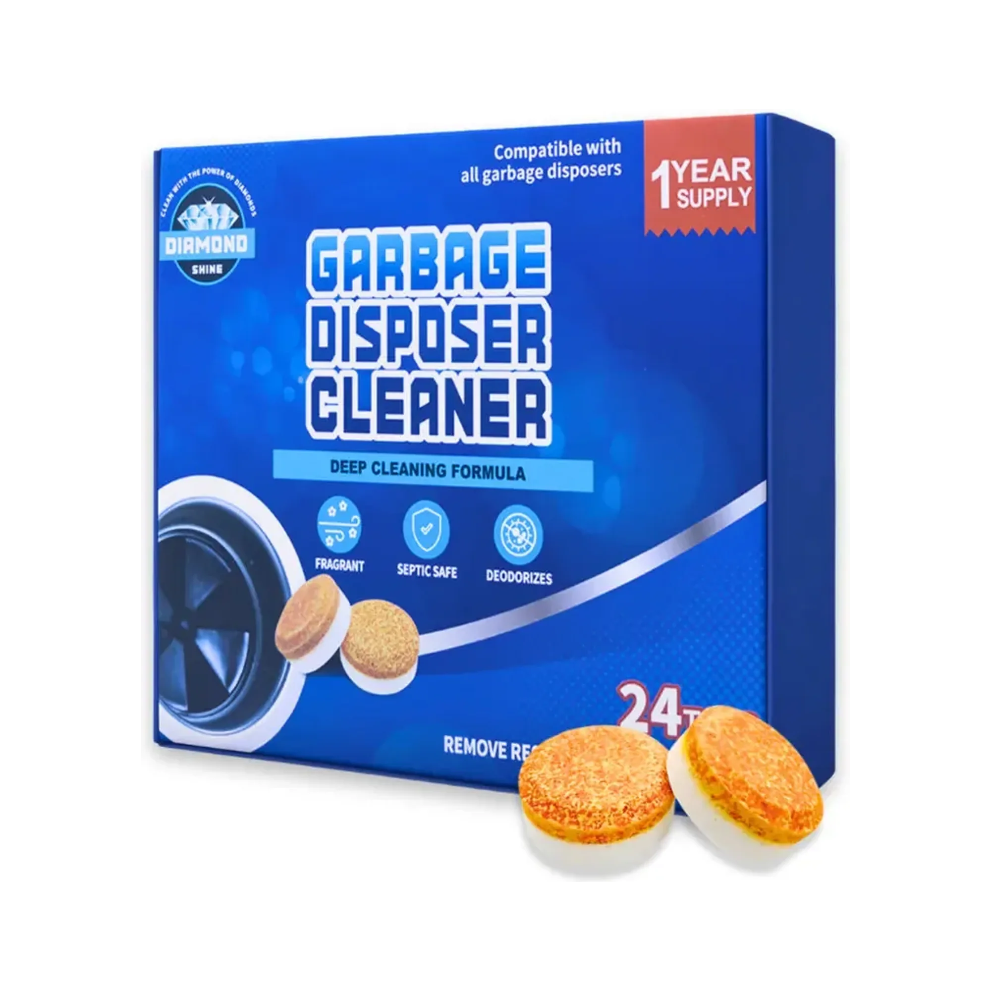 Diamond Shine Garbage Disposer Cleaner Tablets – 24 Count (1 Year Supply) – Deep Cleaning & Deodorizing Formula – Septic Safe, Removes Residue & Odor, Compatible with All Garbage Disposals