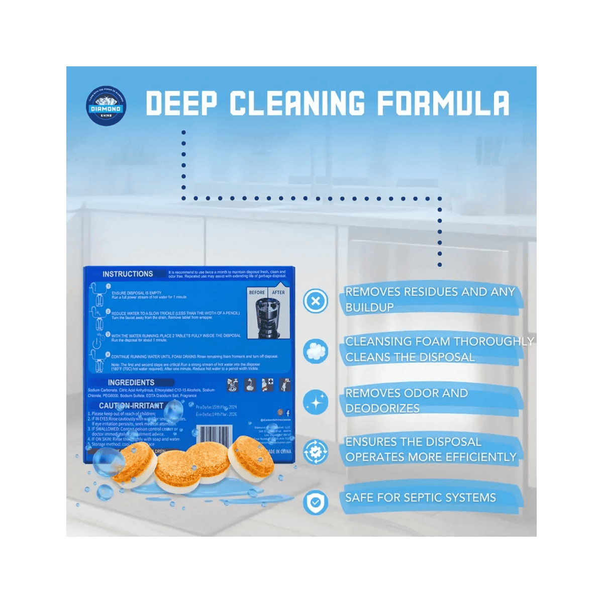 Diamond Shine Garbage Disposer Cleaner Tablets – 24 Count (1 Year Supply) – Deep Cleaning & Deodorizing Formula – Septic Safe, Removes Residue & Odor, Compatible with All Garbage Disposals