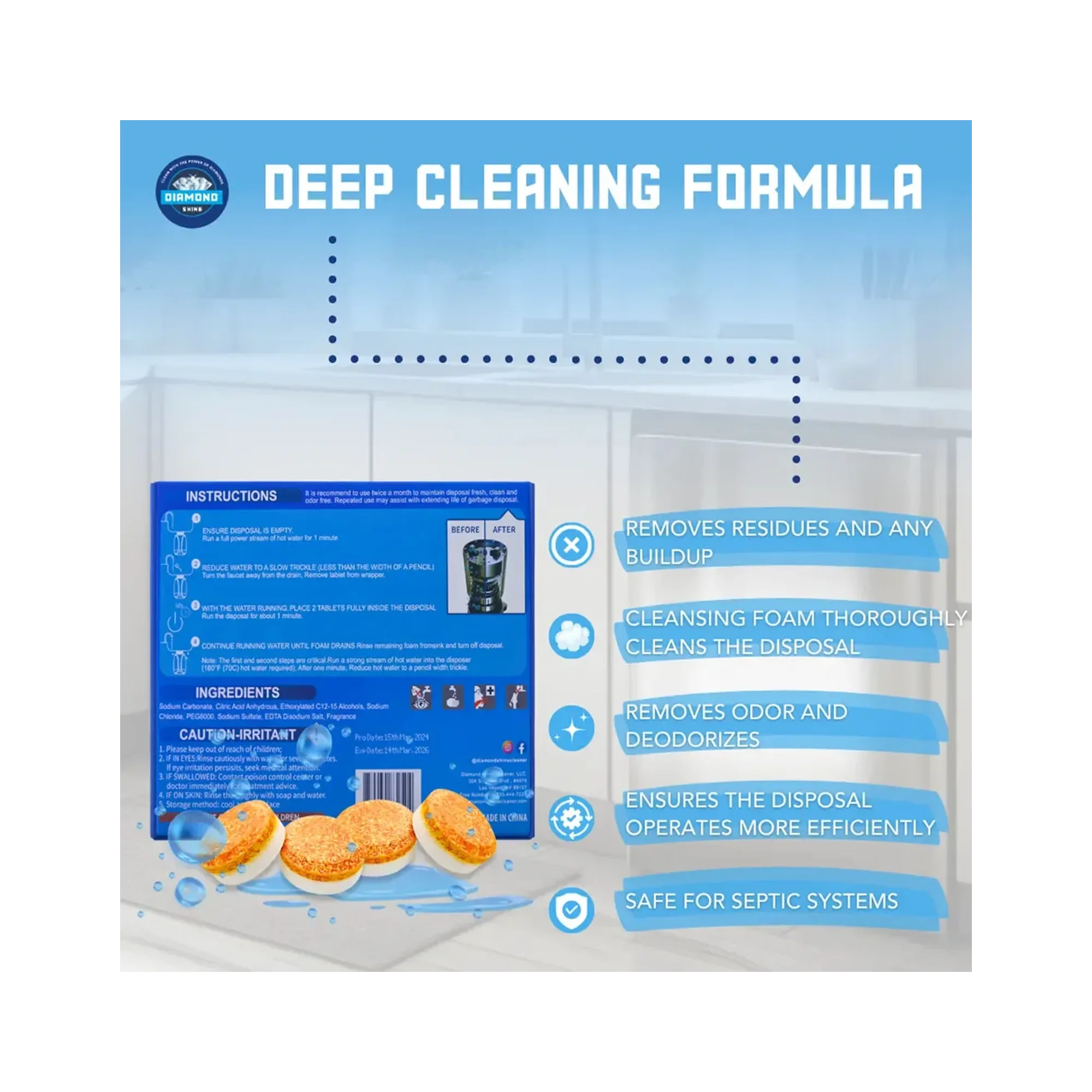 Diamond Shine Garbage Disposer Cleaner Tablets – 24 Count (1 Year Supply) – Deep Cleaning & Deodorizing Formula – Septic Safe, Removes Residue & Odor, Compatible with All Garbage Disposals