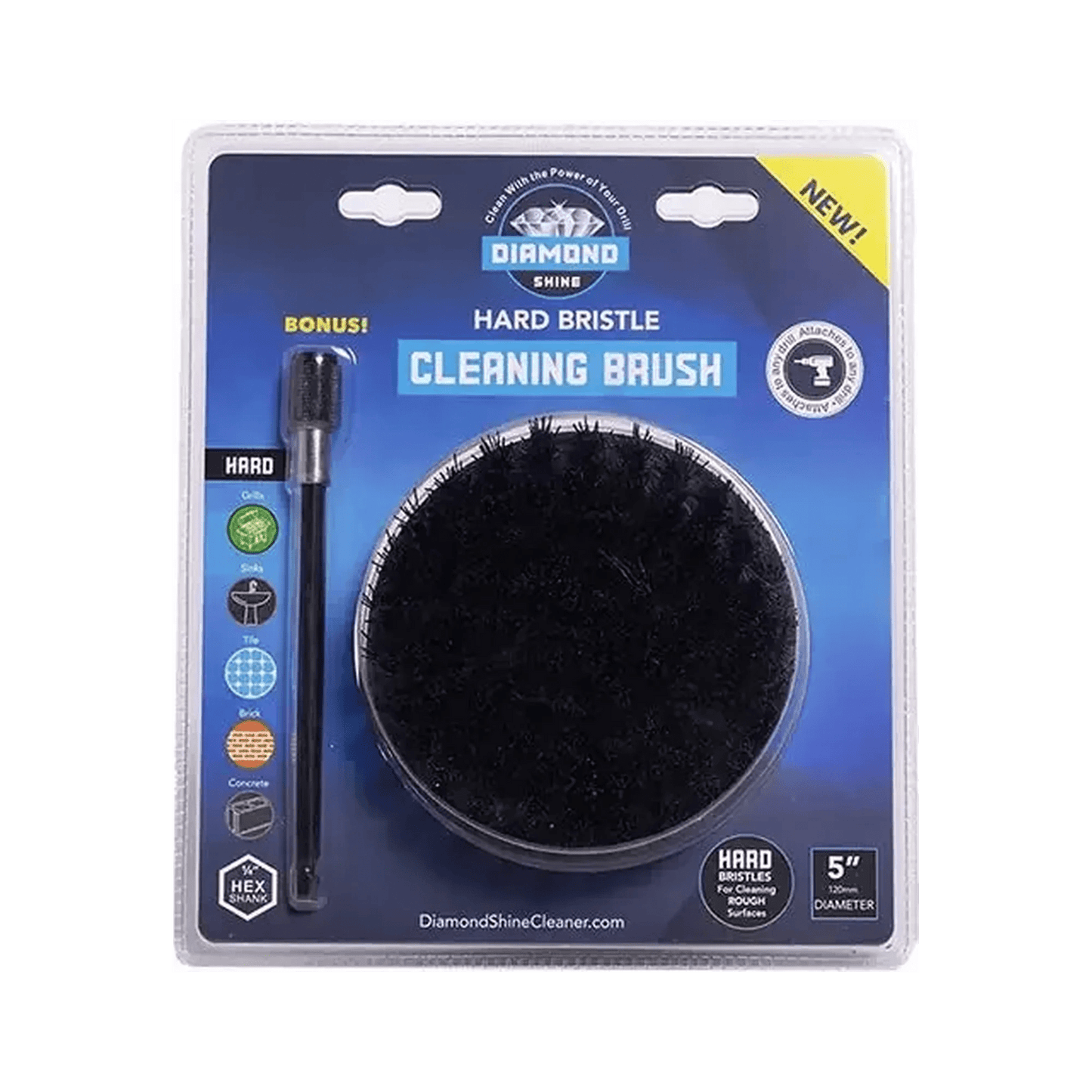 Diamond Shine 5" Drill Brush Attachment & 6" Extension - Firm Bristle