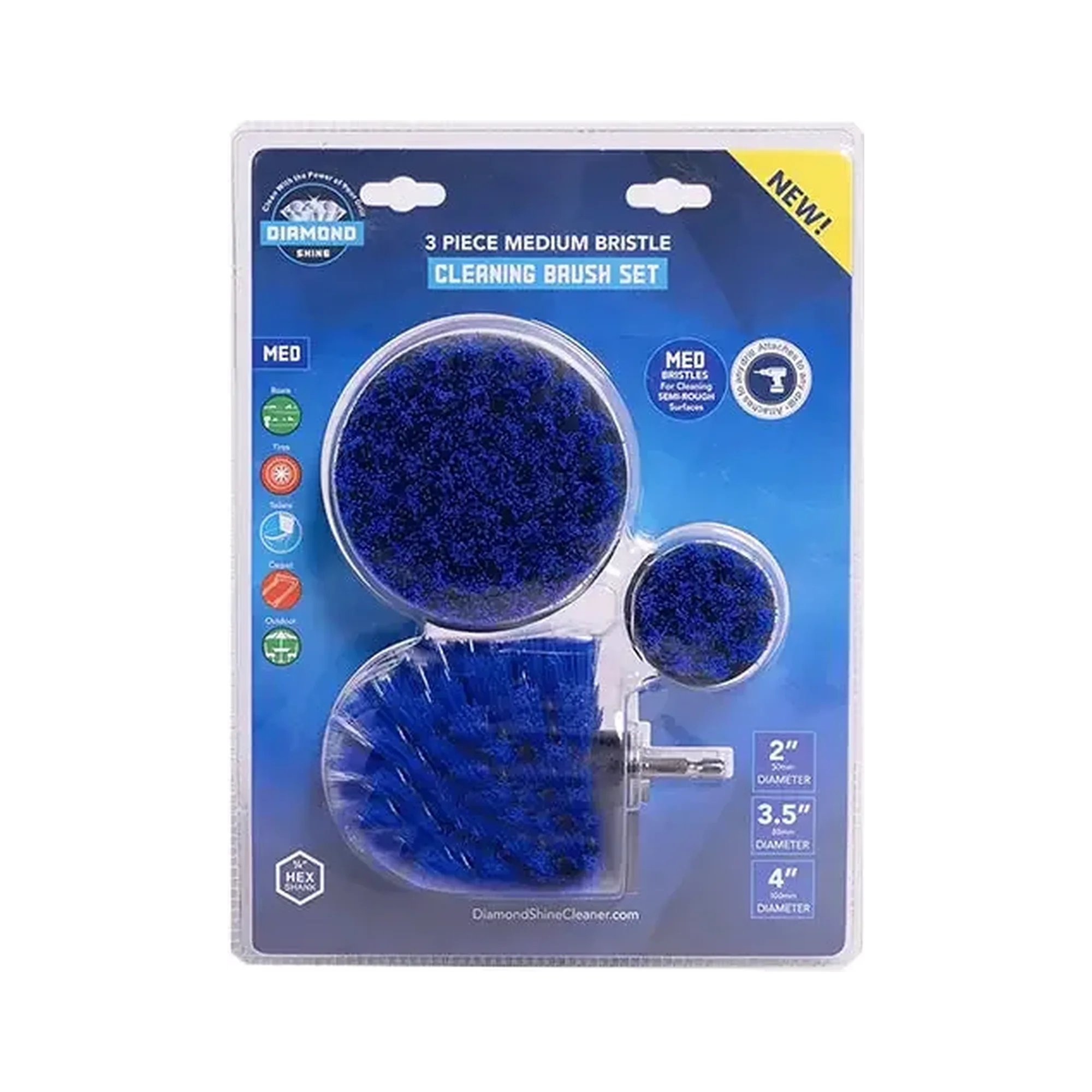 Diamond Shine Drill Brush Set – 3-Pack Medium Bristle Power Scrubber Attachments for All-Purpose Cleaning