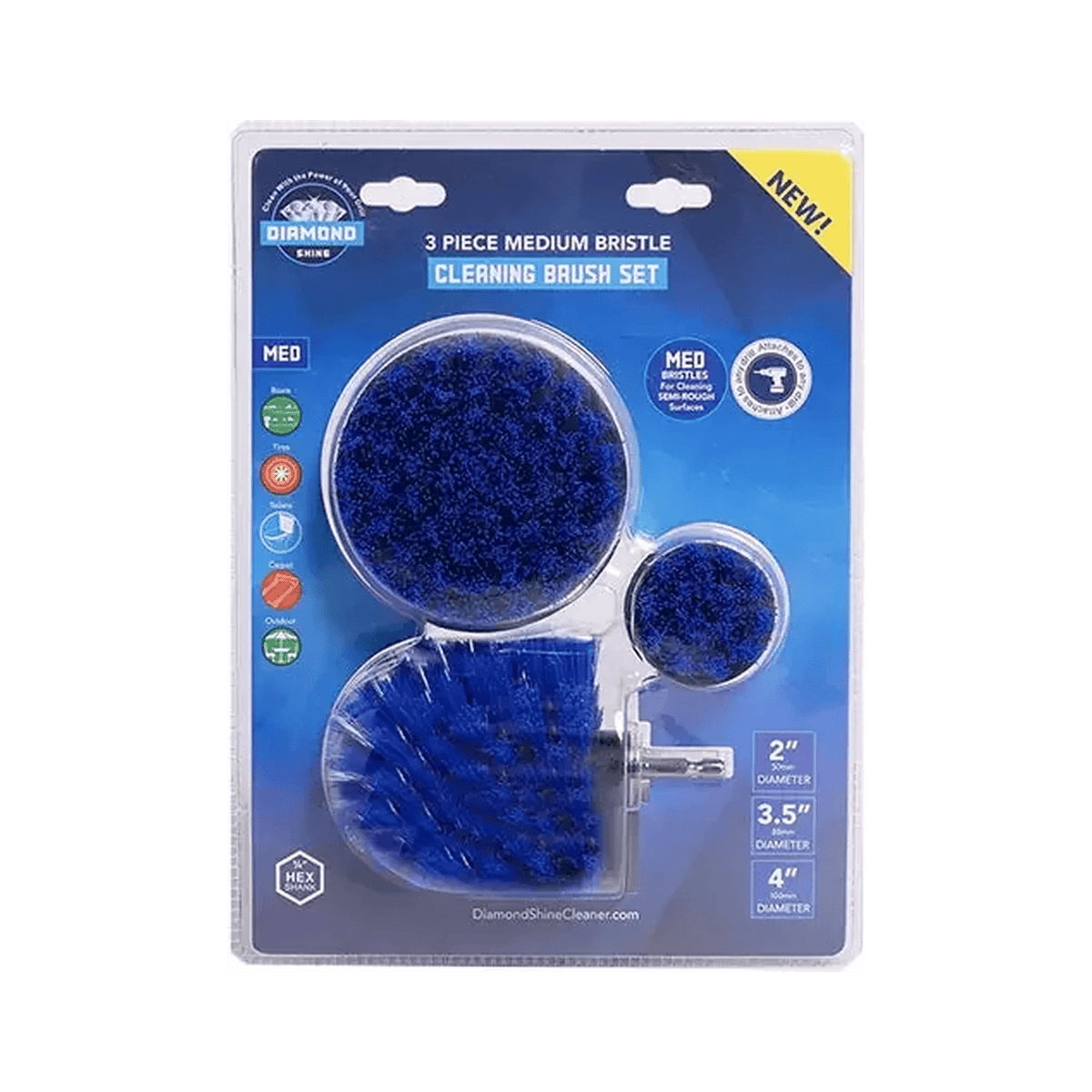Diamond Shine Drill Brush Set – 3-Pack Medium Bristle Power Scrubber Attachments for All-Purpose Cleaning