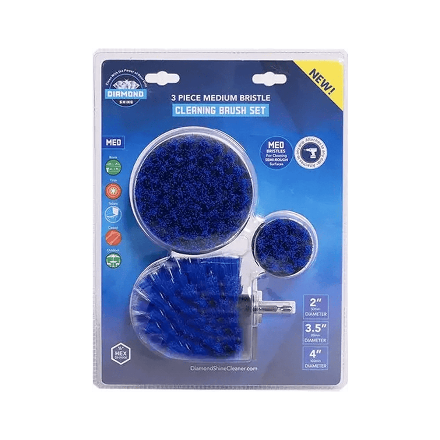 Diamond Shine Drill Brush Set – 3-Pack Medium Bristle Power Scrubber Attachments for All-Purpose Cleaning