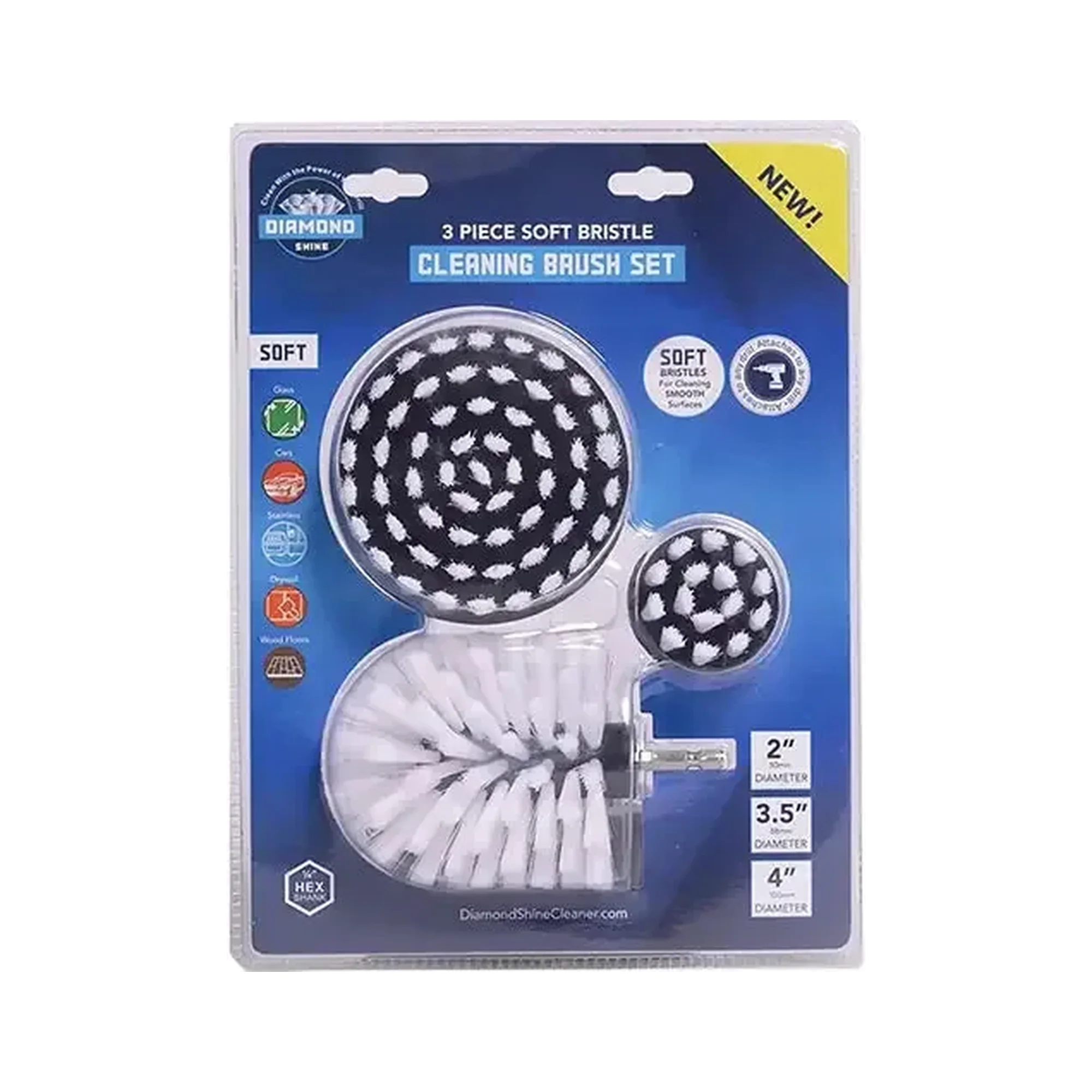 Diamond Shine Drill Brush Set – 3-Pack Soft Bristle Power Scrubber Attachments for Scratch-Free Cleaning