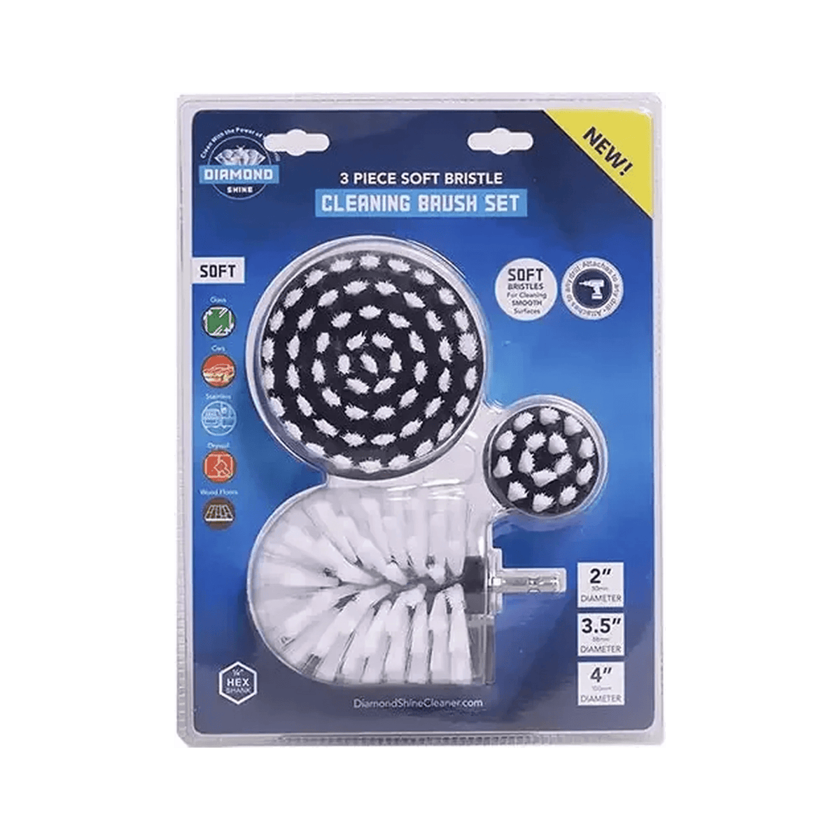 Diamond Shine Drill Brush Set – 3-Pack Soft Bristle Power Scrubber Attachments for Scratch-Free Cleaning