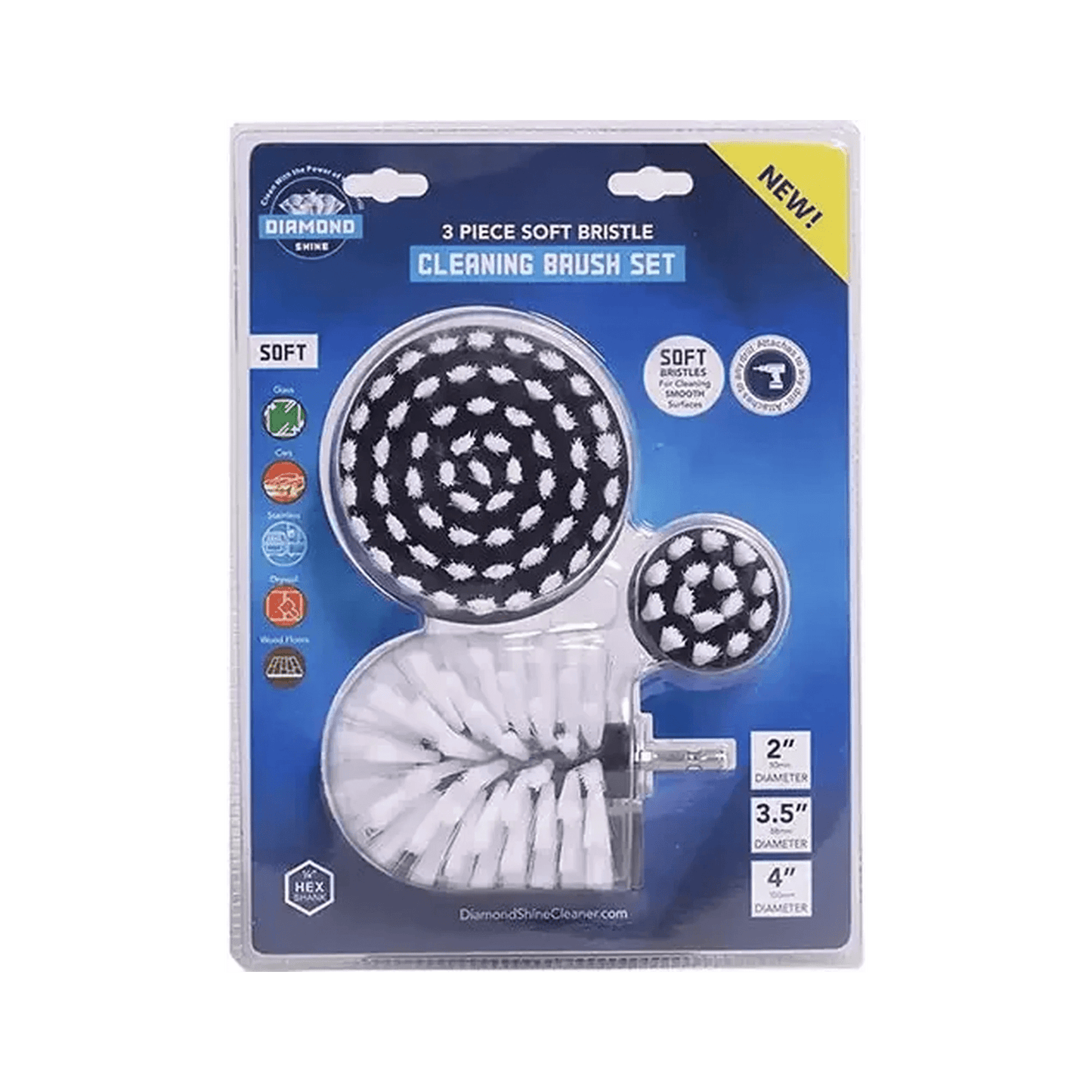 Diamond Shine Drill Brush Set – 3-Pack Soft Bristle Power Scrubber Attachments for Scratch-Free Cleaning