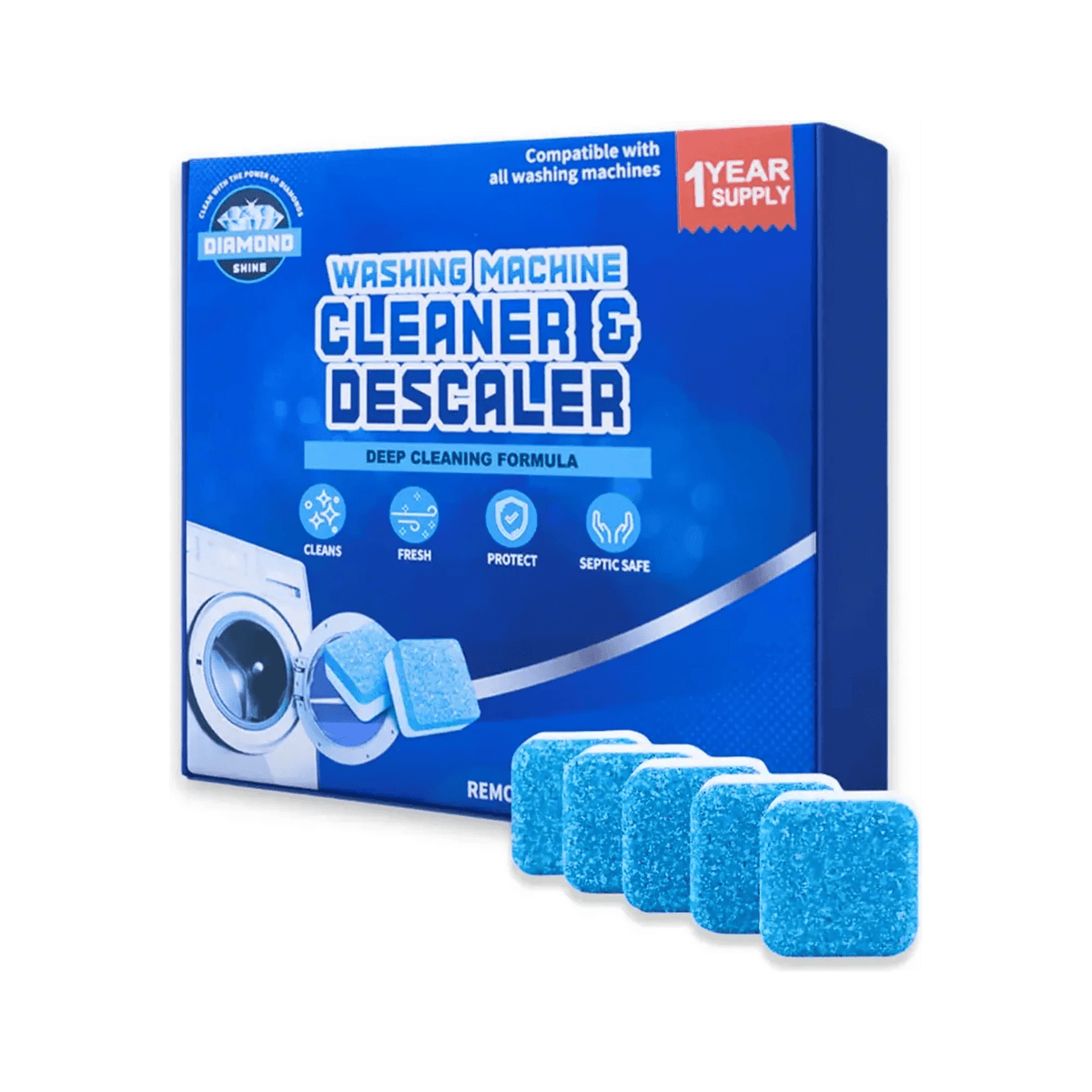 Diamond Shine Washing Machine Cleaner & Descaler Tablets – 24 Count (1 Year Supply) – Deep Cleaning & Deodorizing Formula – Removes Odor, Limescale & Residue – Compatible with All Washing Machines, Septic Safe