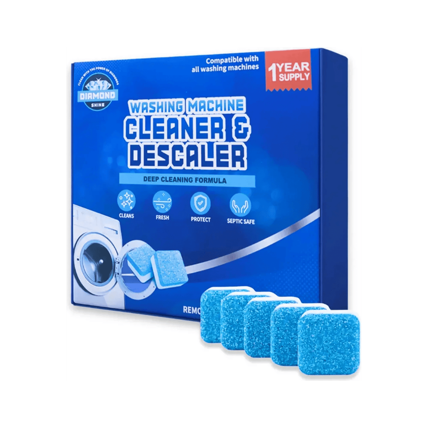 Diamond Shine Washing Machine Cleaner & Descaler Tablets – 24 Count (1 Year Supply) – Deep Cleaning & Deodorizing Formula – Removes Odor, Limescale & Residue – Compatible with All Washing Machines, Septic Safe
