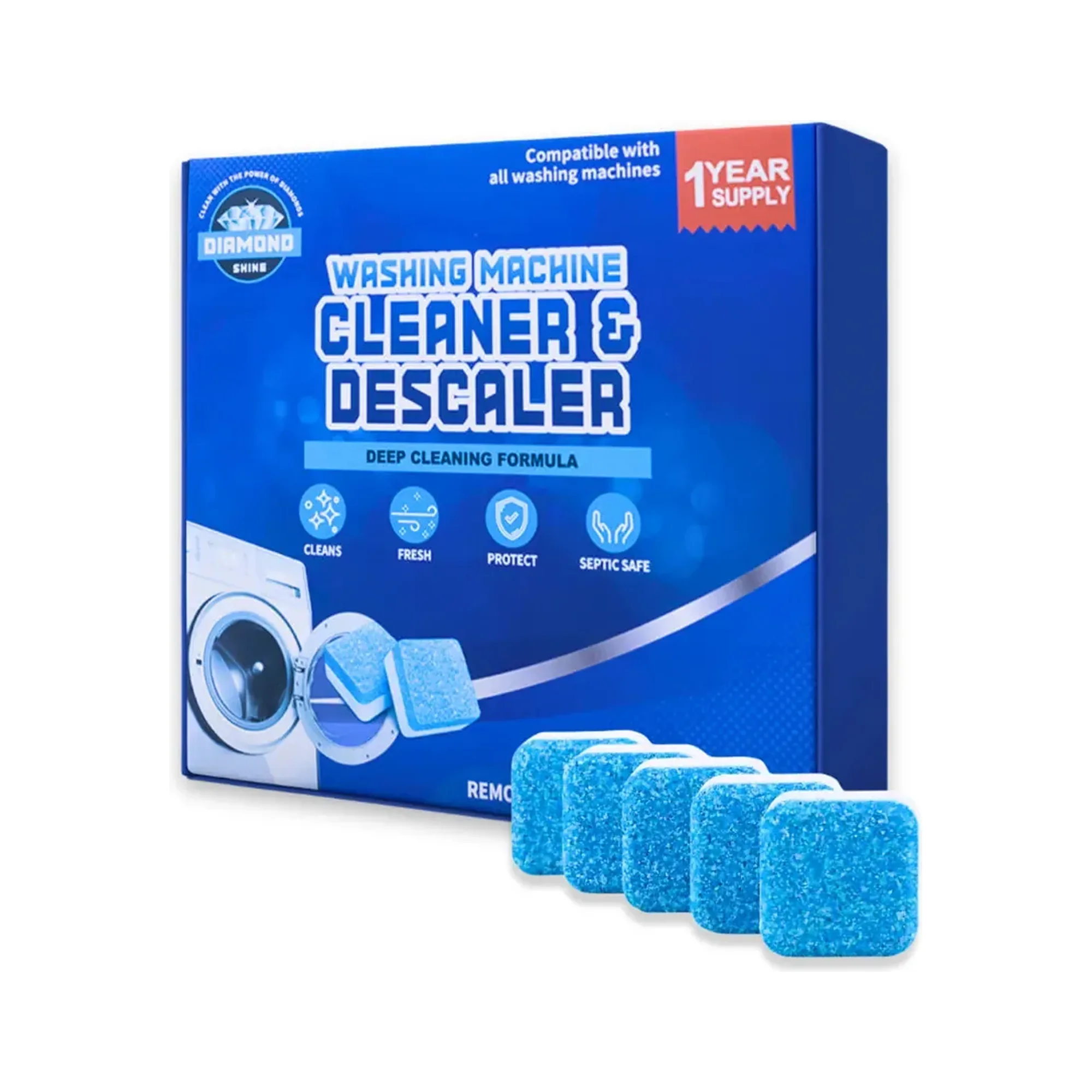 Diamond Shine Washing Machine Cleaner & Descaler Tablets – 24 Count (1 Year Supply) – Deep Cleaning & Deodorizing Formula – Removes Odor, Limescale & Residue – Compatible with All Washing Machines, Septic Safe