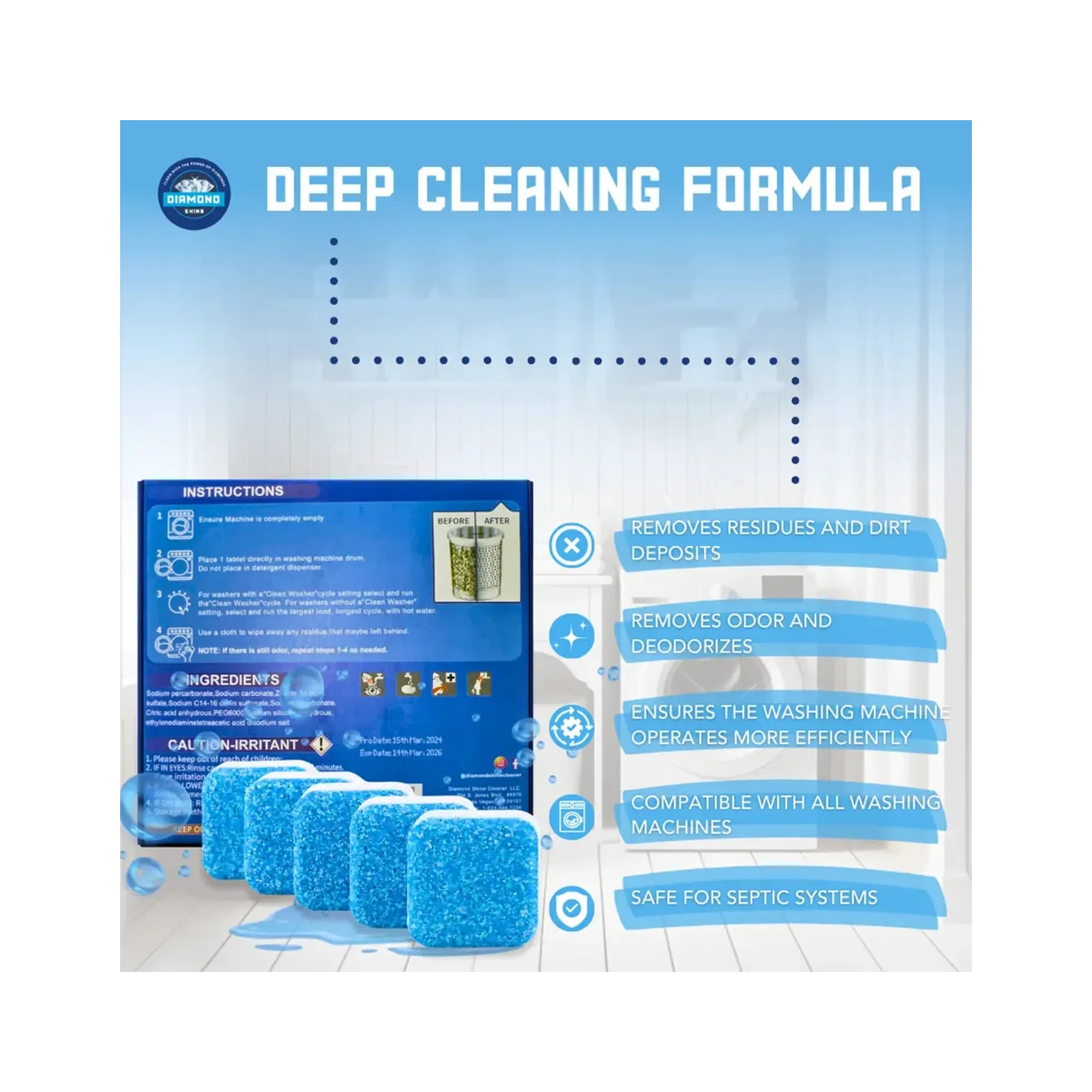 Diamond Shine Washing Machine Cleaner & Descaler Tablets – 24 Count (1 Year Supply) – Deep Cleaning & Deodorizing Formula – Removes Odor, Limescale & Residue – Compatible with All Washing Machines, Septic Safe