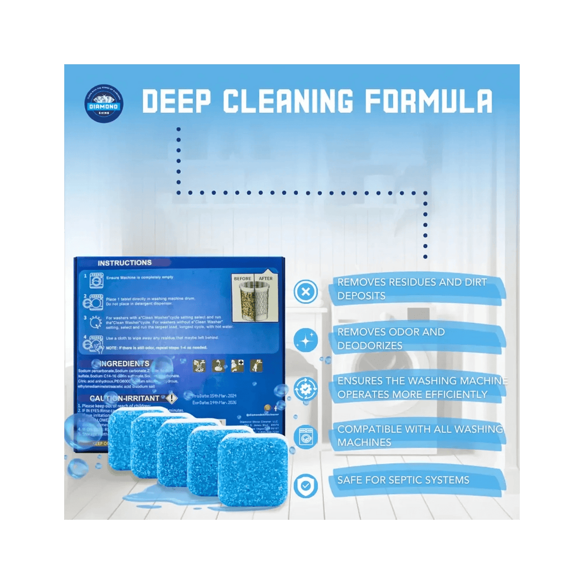 Diamond Shine Washing Machine Cleaner & Descaler Tablets – 24 Count (1 Year Supply) – Deep Cleaning & Deodorizing Formula – Removes Odor, Limescale & Residue – Compatible with All Washing Machines, Septic Safe